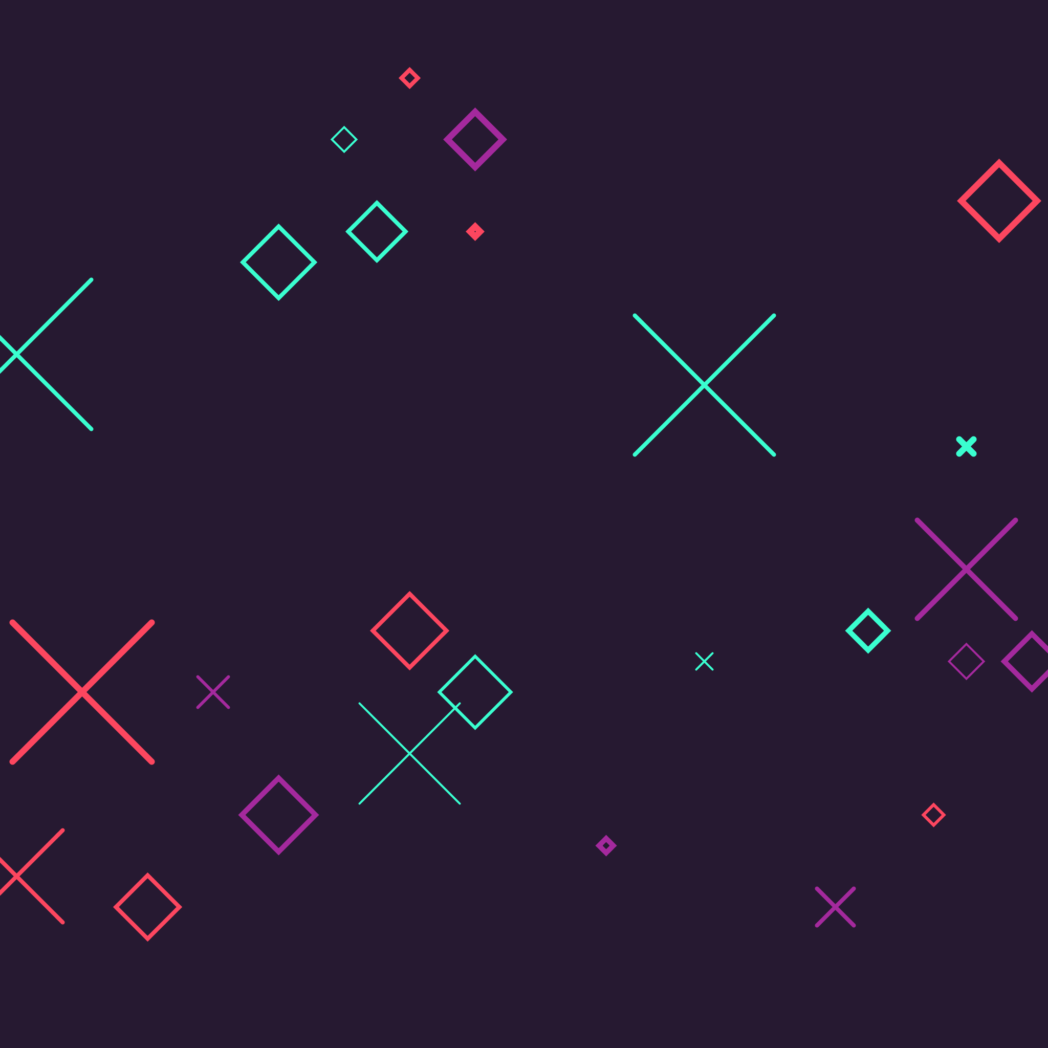 Colorful Xs and diamonds over a dark purple background