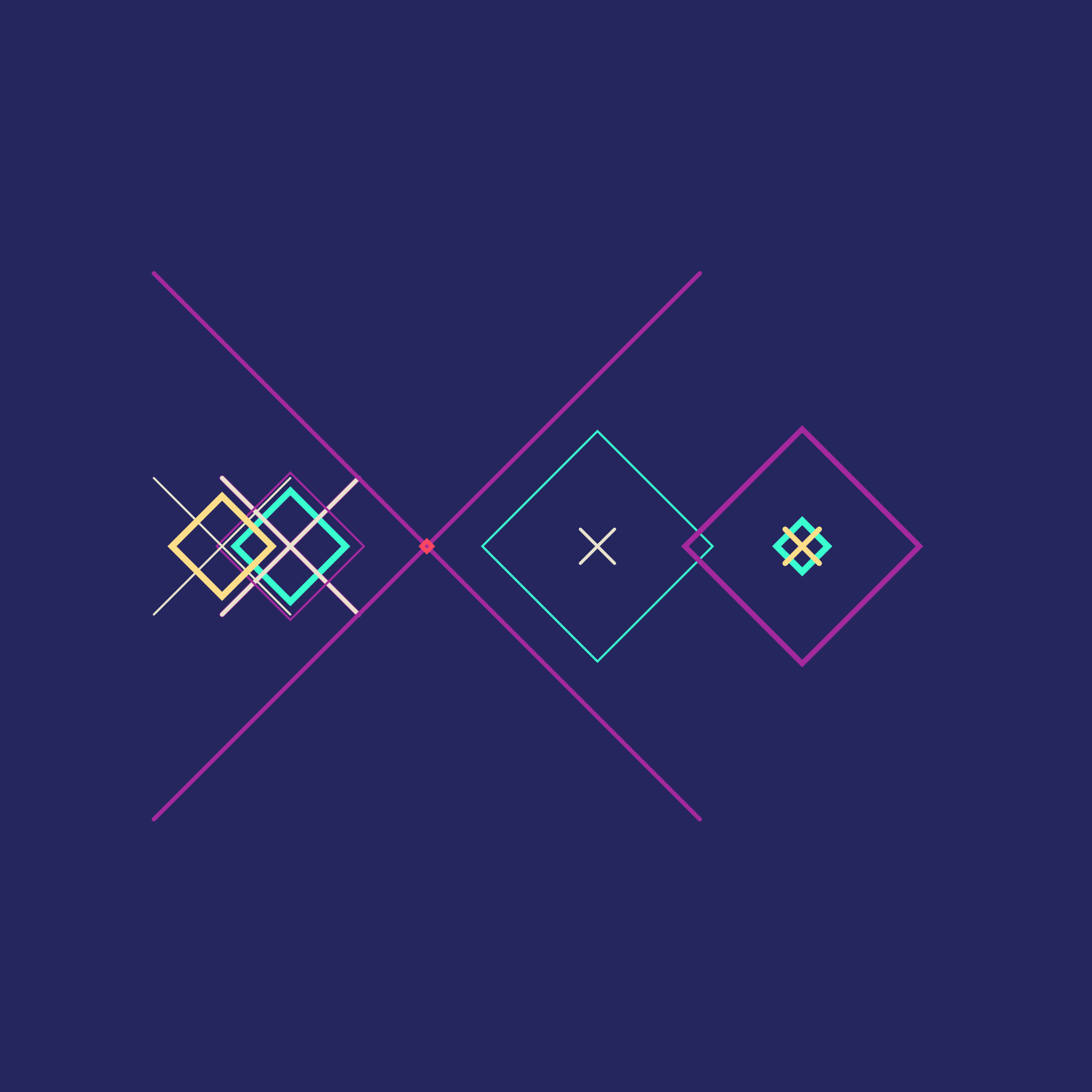 A row of variously sized Xs and diamonds over a dark blue background