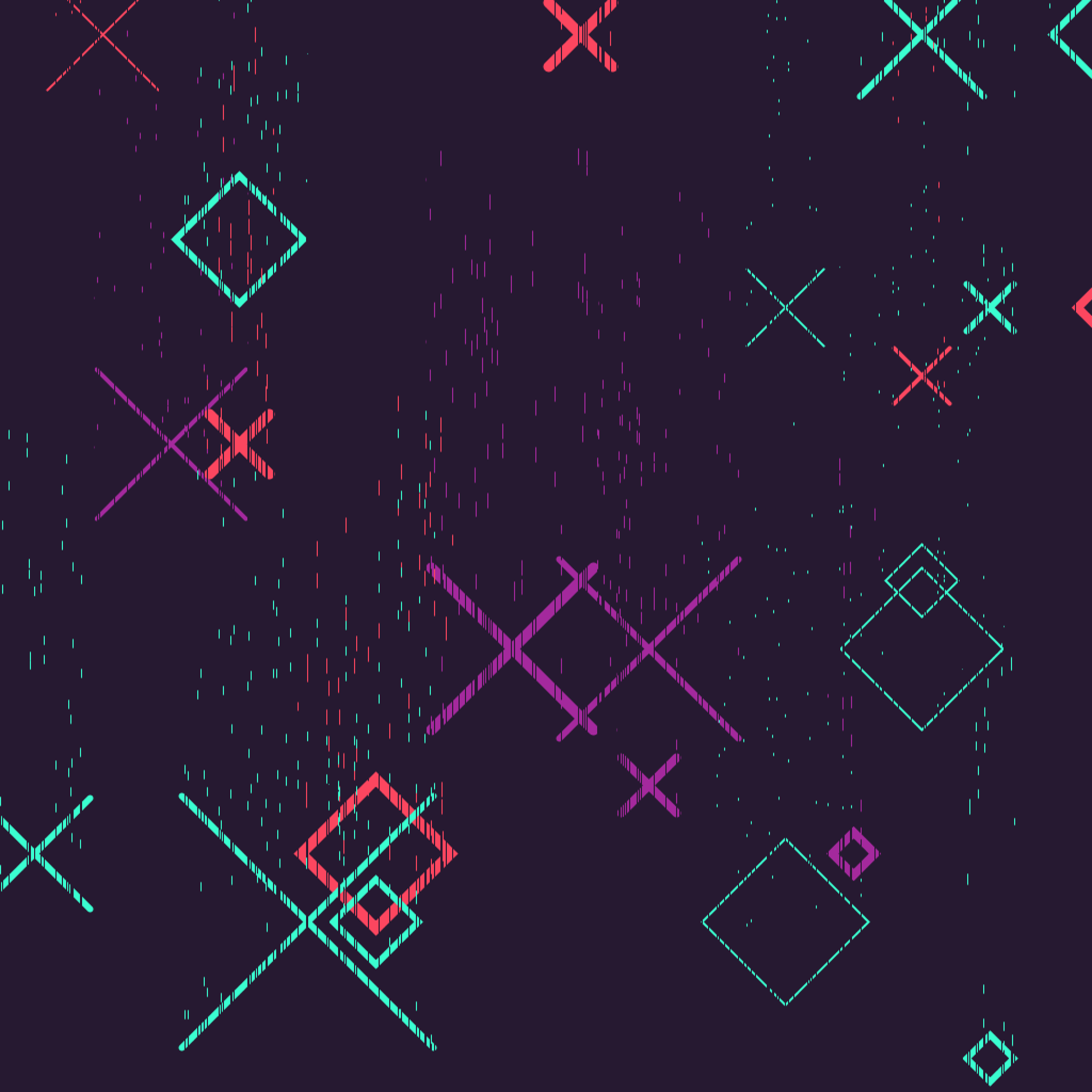 Multicolored diamonds and Xs on a purple background. The shapes are fizzling upwards like ice in soda.