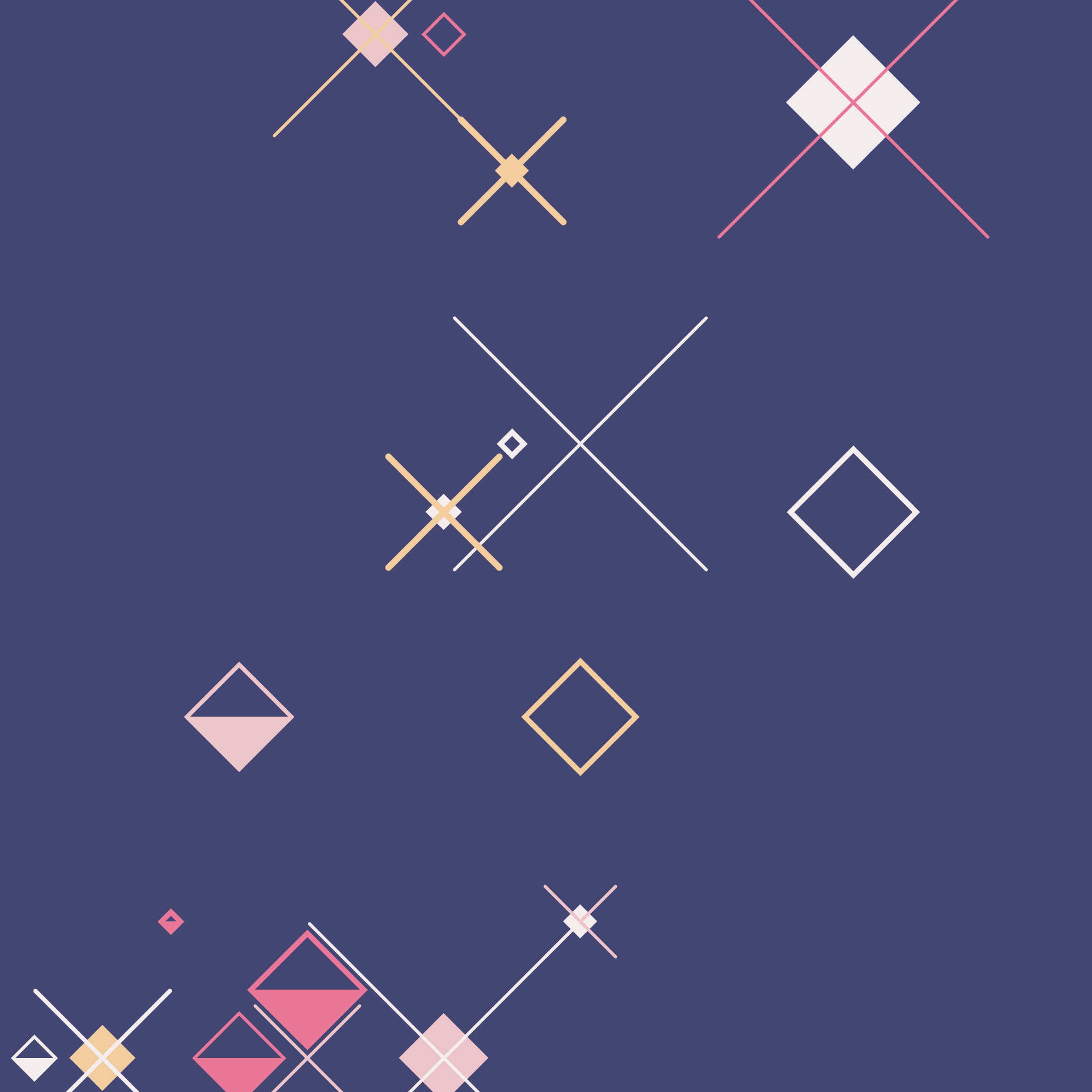 Multicolored Xs and diamonds on a soft navy blue background. Some of the diamonds are filled or half-filled.