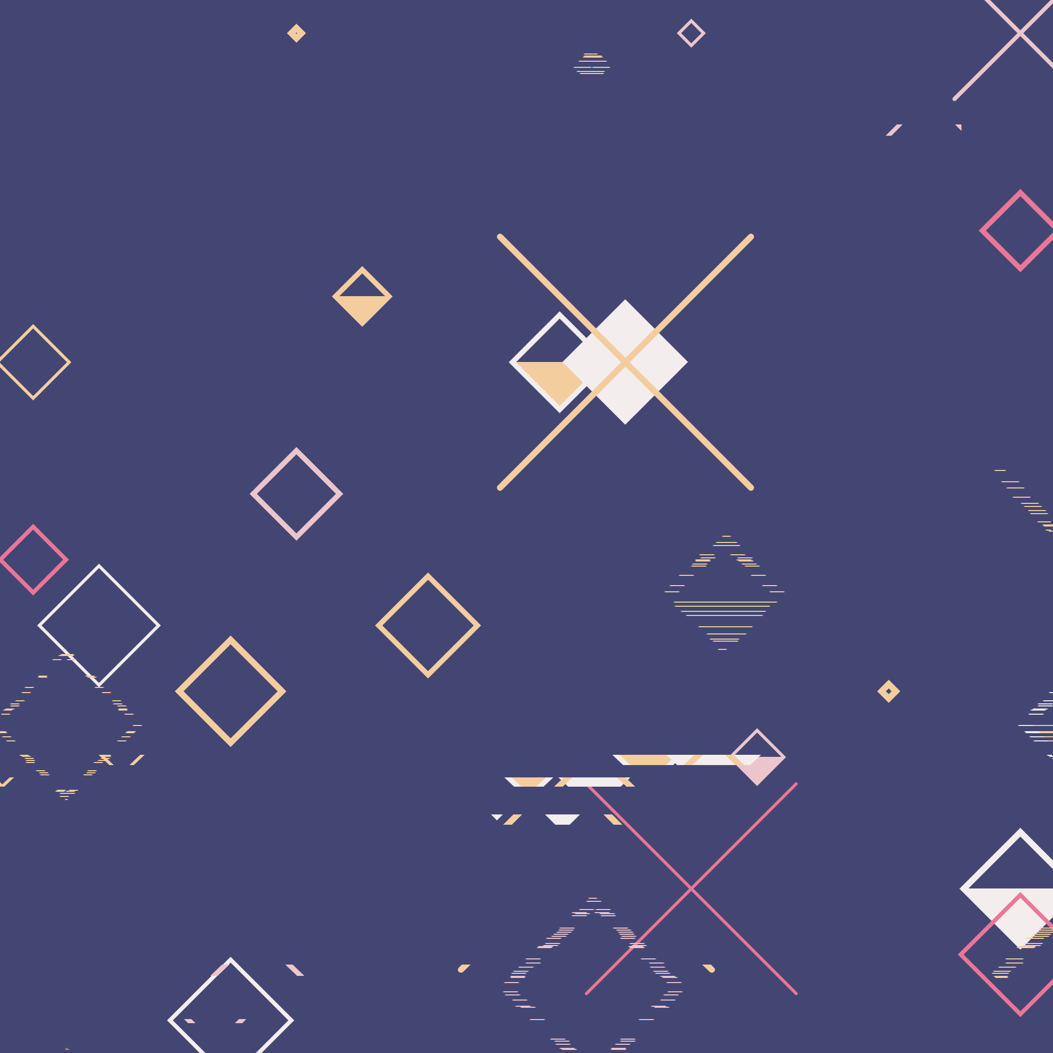 Multicolored Xs and diamonds on a soft navy blue background. Some of the diamonds are filled or half-filled and random parts of shapes are displaced.