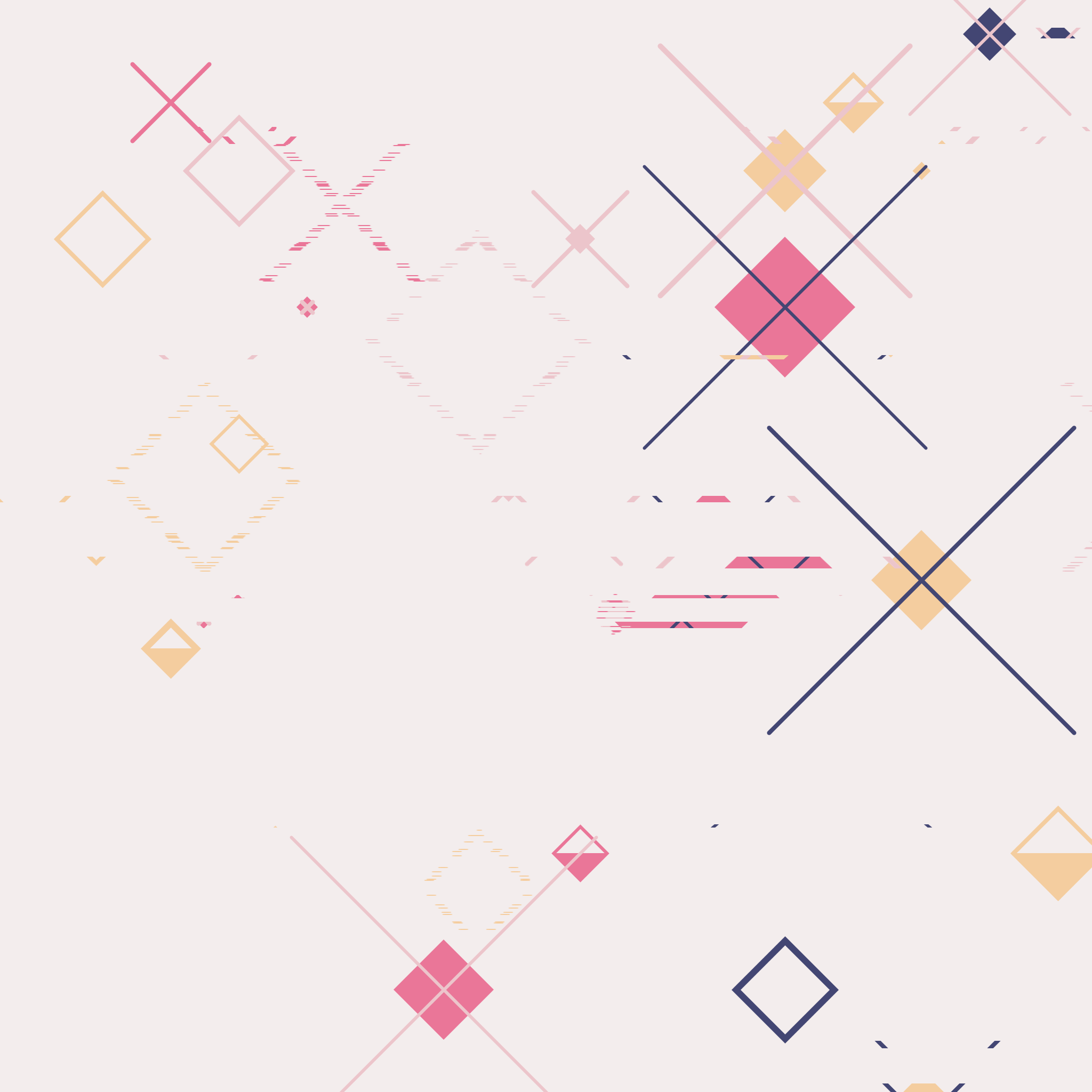 Multicolored Xs and diamonds on a cream background. Some of the diamonds are filled or half-filled and random parts of shapes are displaced.