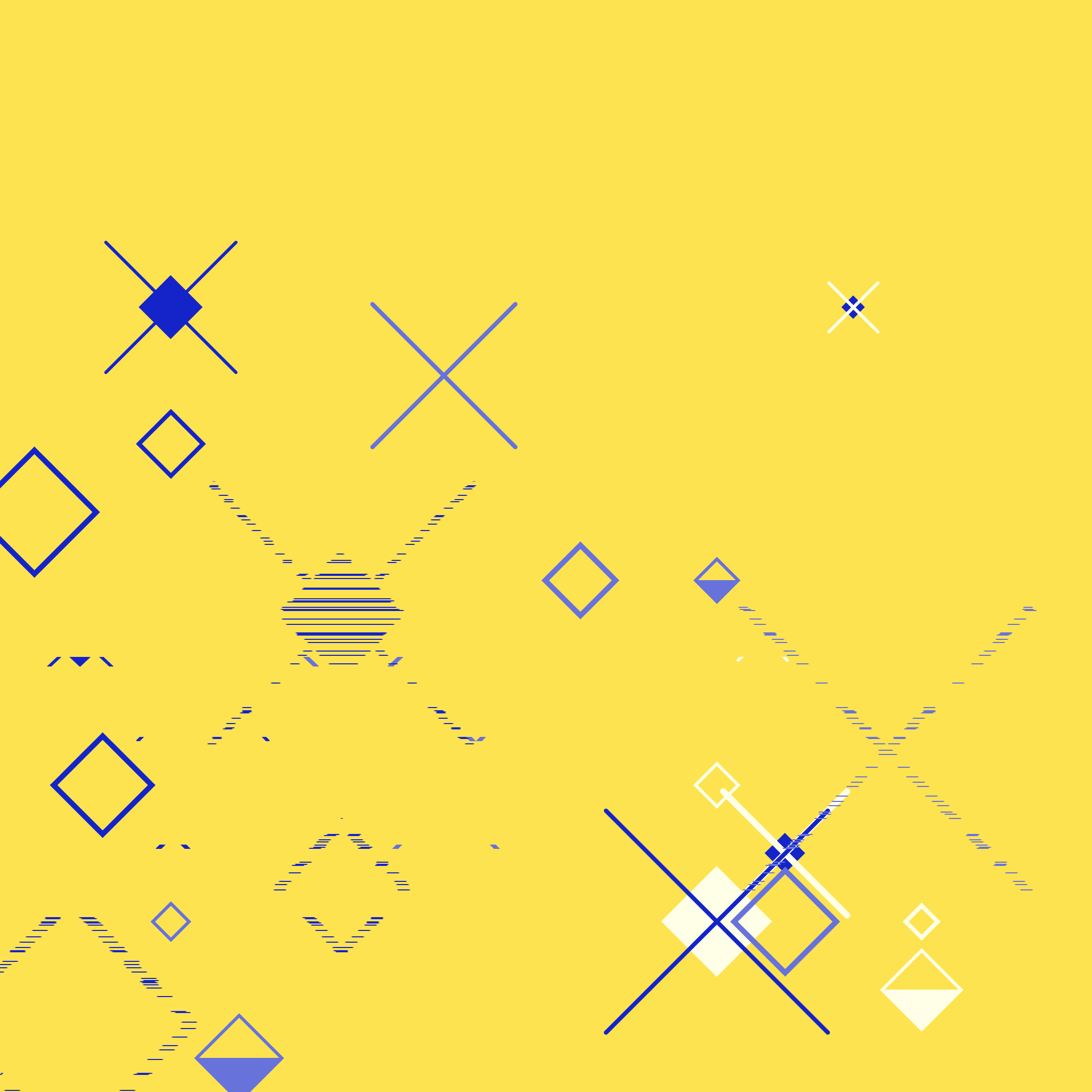 Blue and light yellow Xs and diamonds on a yellow background. Some of the diamonds are filled or half-filled and random parts of shapes are displaced.