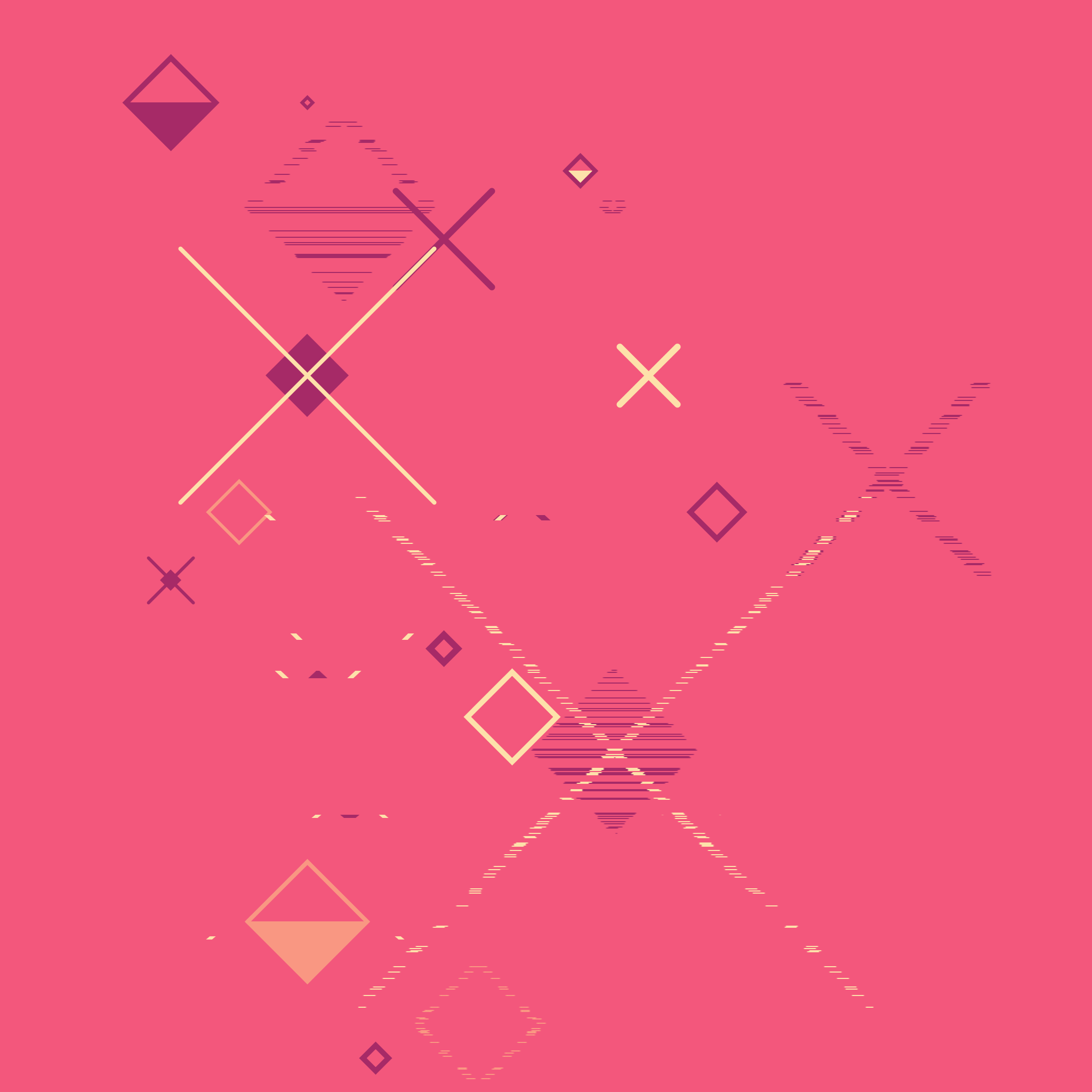 Yellow and dark red Xs and diamonds on a light red background. Some of the diamonds are filled or half-filled and random parts of shapes are displaced.