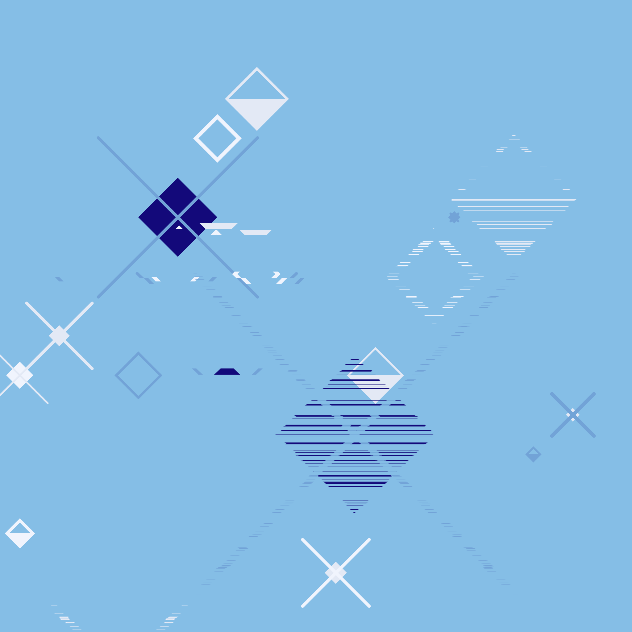 White and navy Xs and diamonds on a light blue background. Some of the diamonds are filled or half-filled and random parts of shapes are displaced.