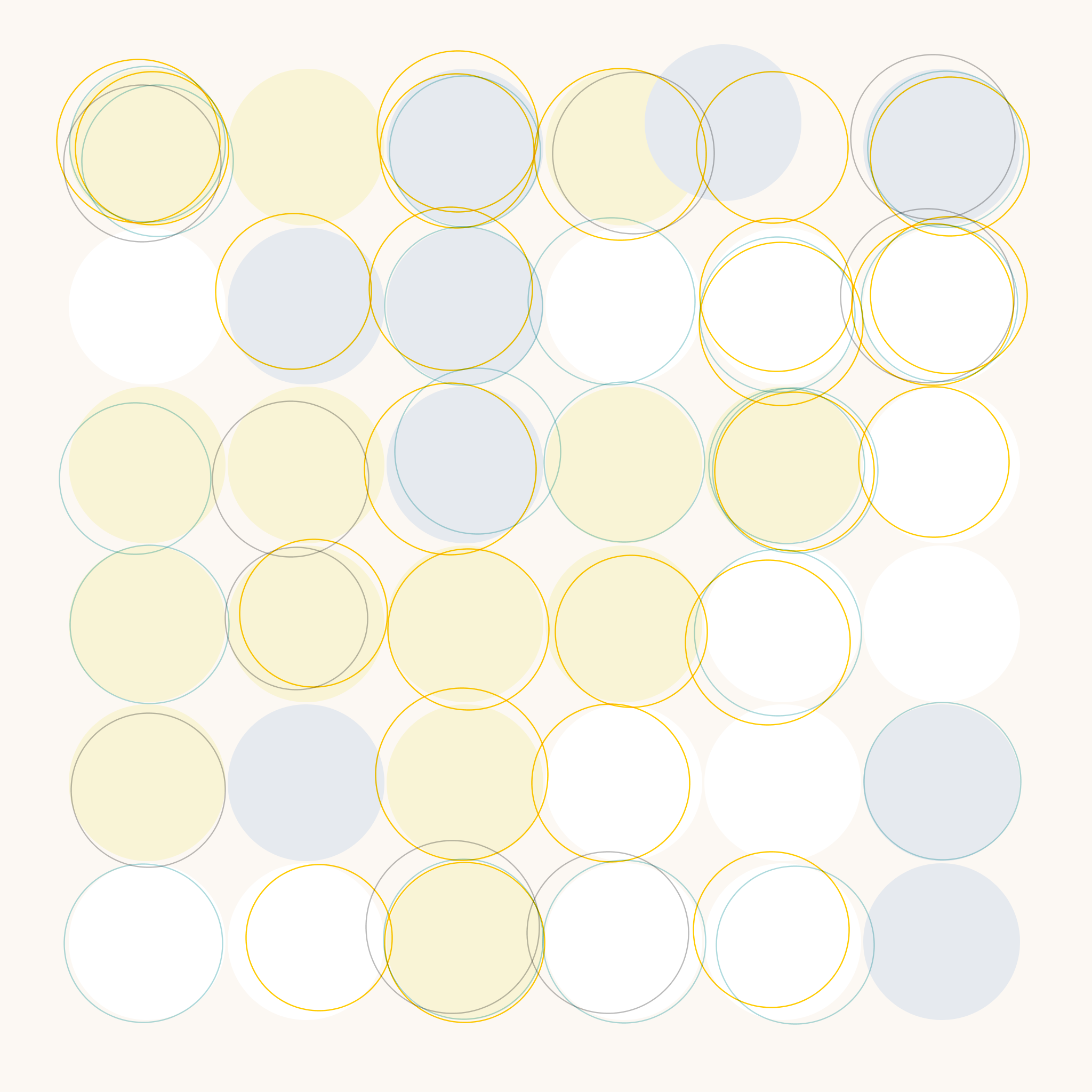 A 6 by 6 grid of circles Some circles have multiple outlines of different colors randomly offset from a circle.