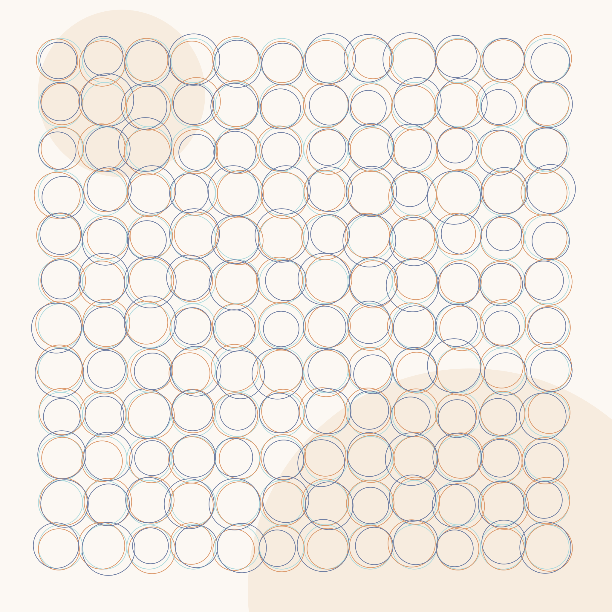 A 12 by 12 grid of shaky circle outlines on a cream background with two larger filled-in tan circles in the background.