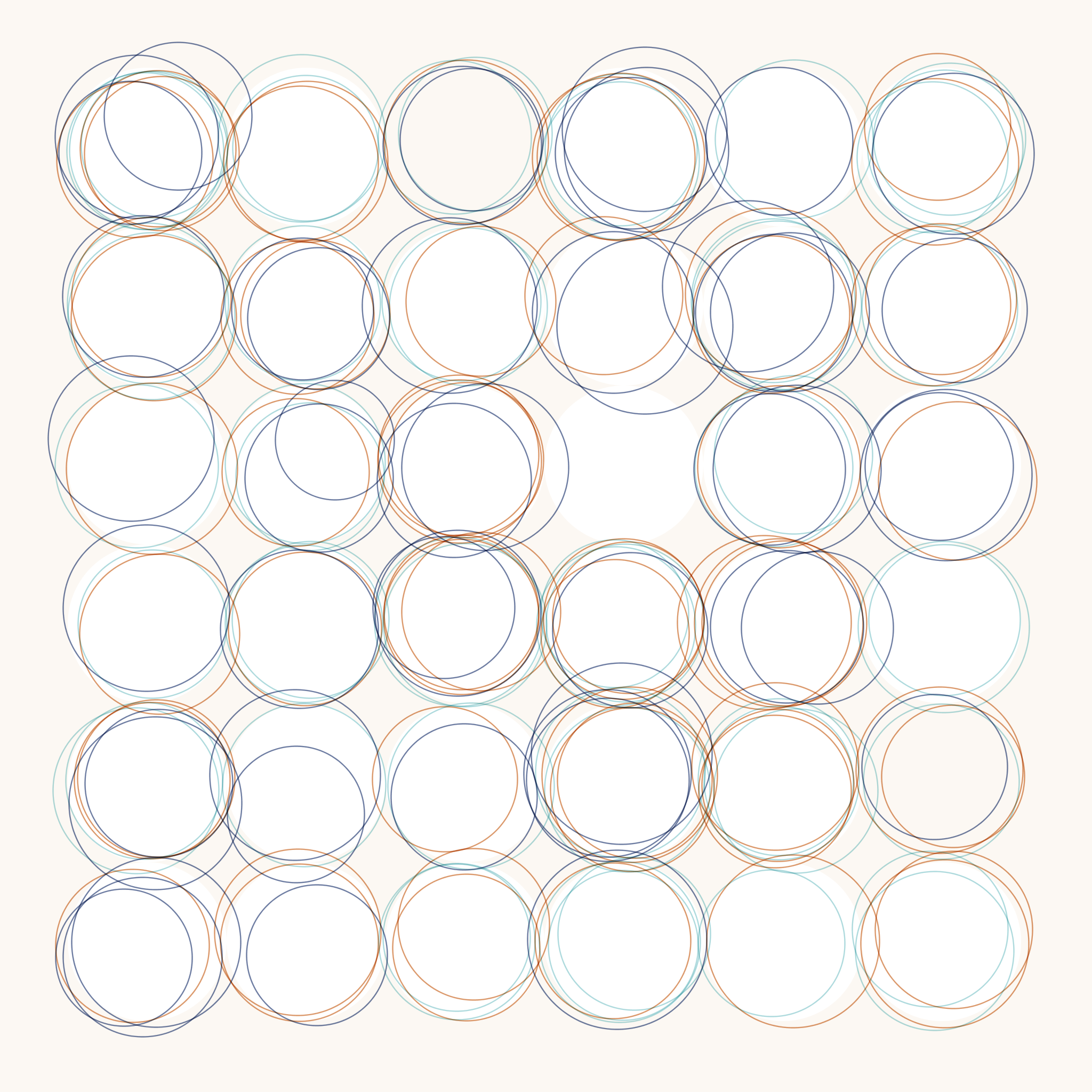 A 6 by 6 grid of white circles, each with multiple offset outlines of different colors.