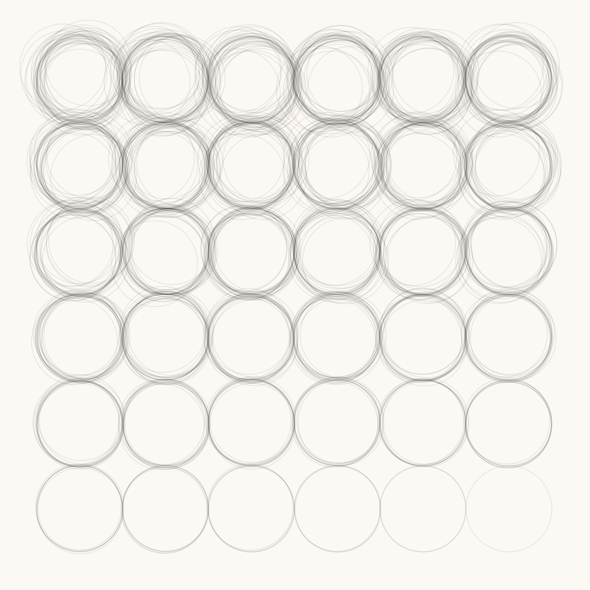 A 6 by 6 grid of circles created by decreasing numbers of slightly offset outlines.
