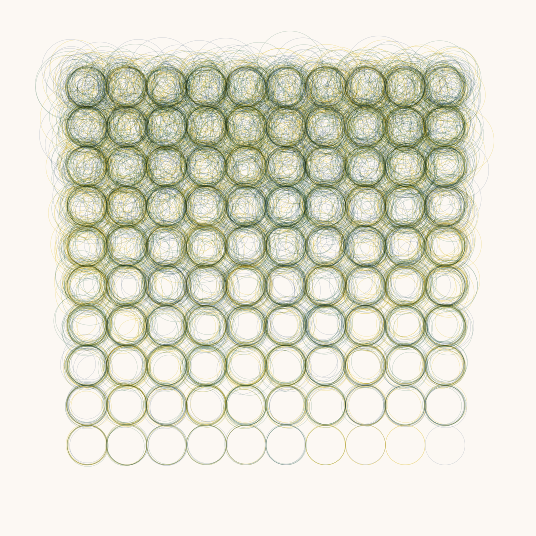 A 10 by 10 grid of circles created from increasingly fewer sketchy outlines.