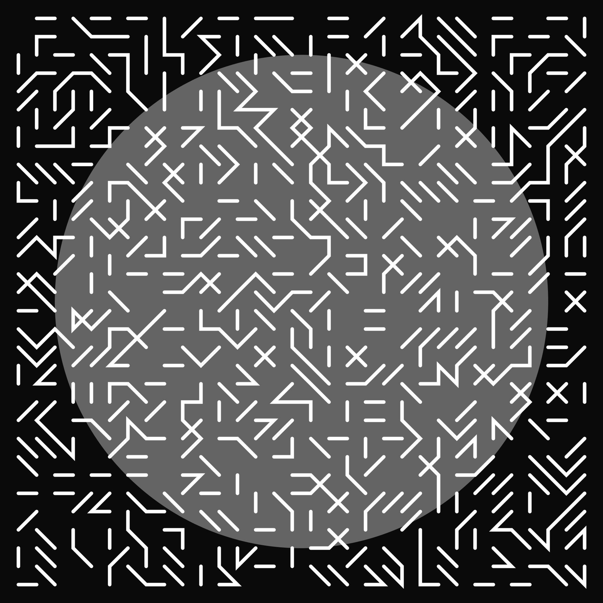 A dense grid of short, interconnected white lines over a black background with a centered grey circle.