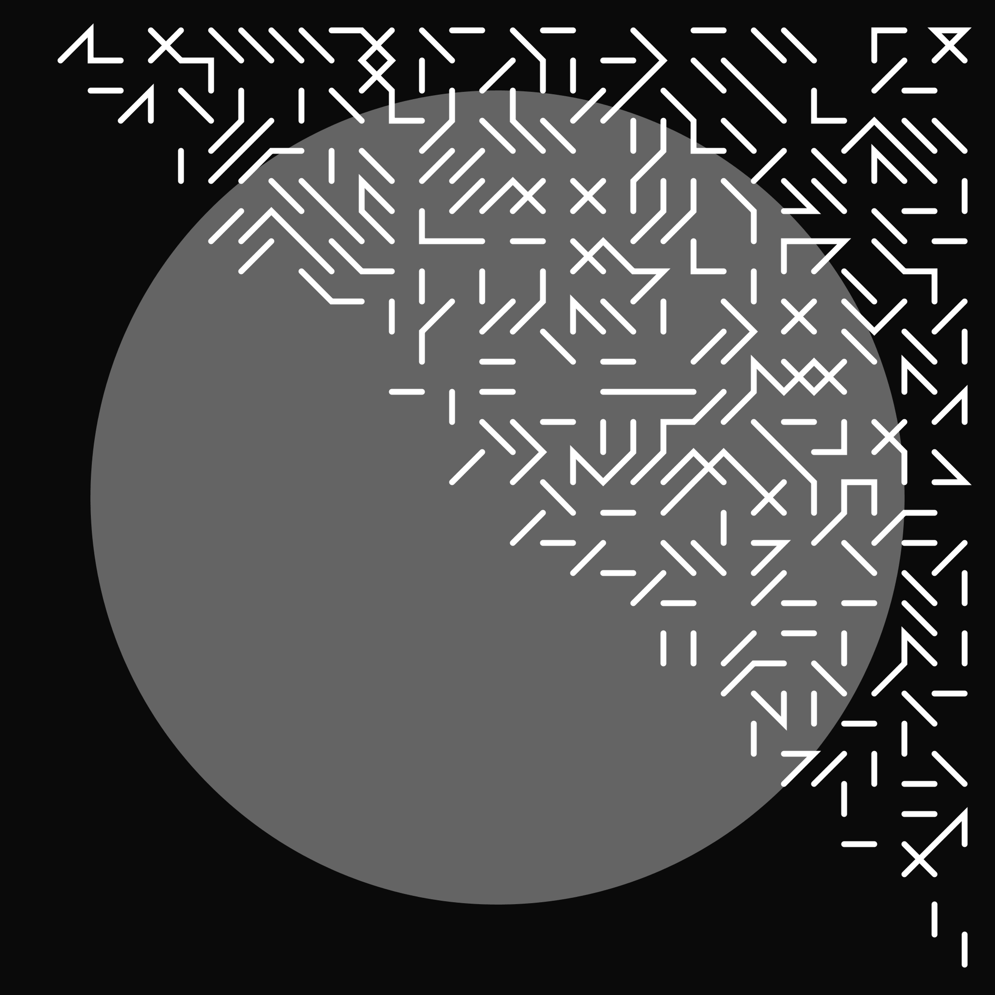A dense grid of short, interconnected white lines covering the top right half of the image over a black background with a centered grey circle.