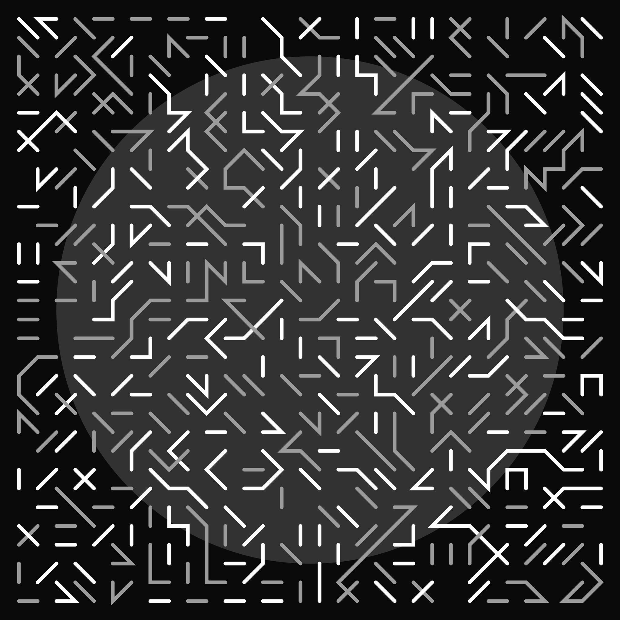 A dense grid of short, interconnected white and grey lines over a black background with a centered dark grey circle.