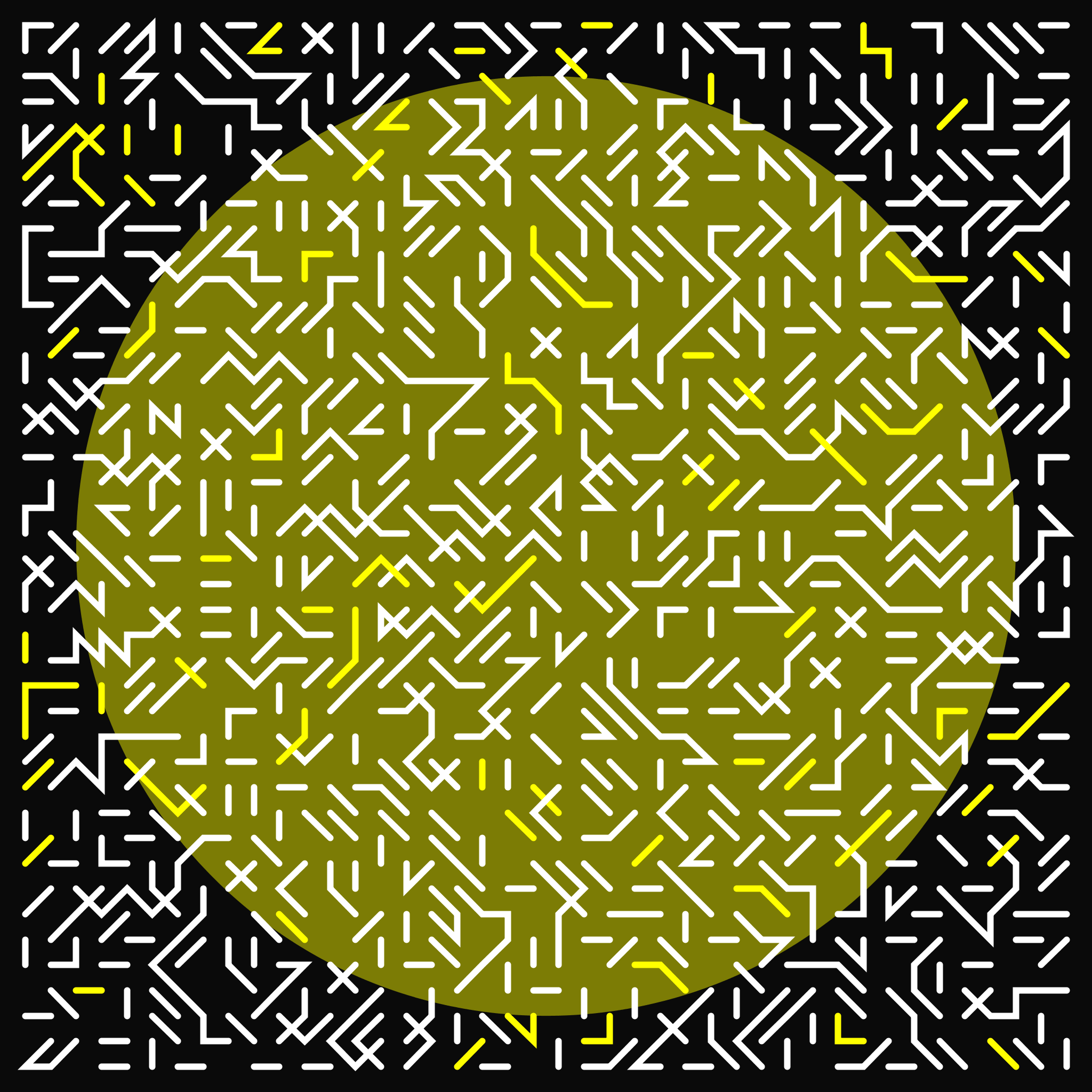 A dense grid of short, interconnected white and yellow lines over a black background with a centered dark yellow circle.