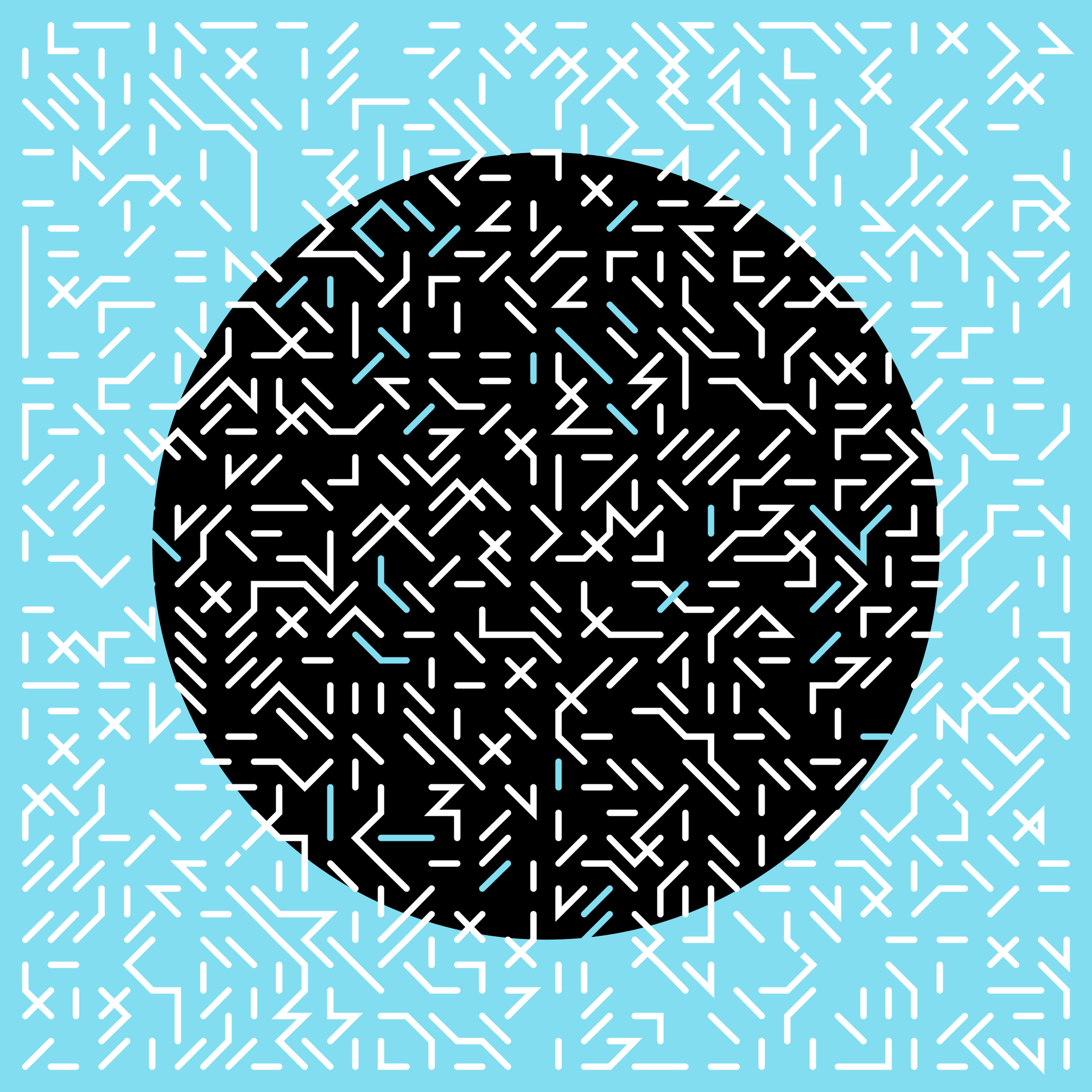A dense grid of short, interconnected white and cyan lines over a cyan background with a centered black circle.