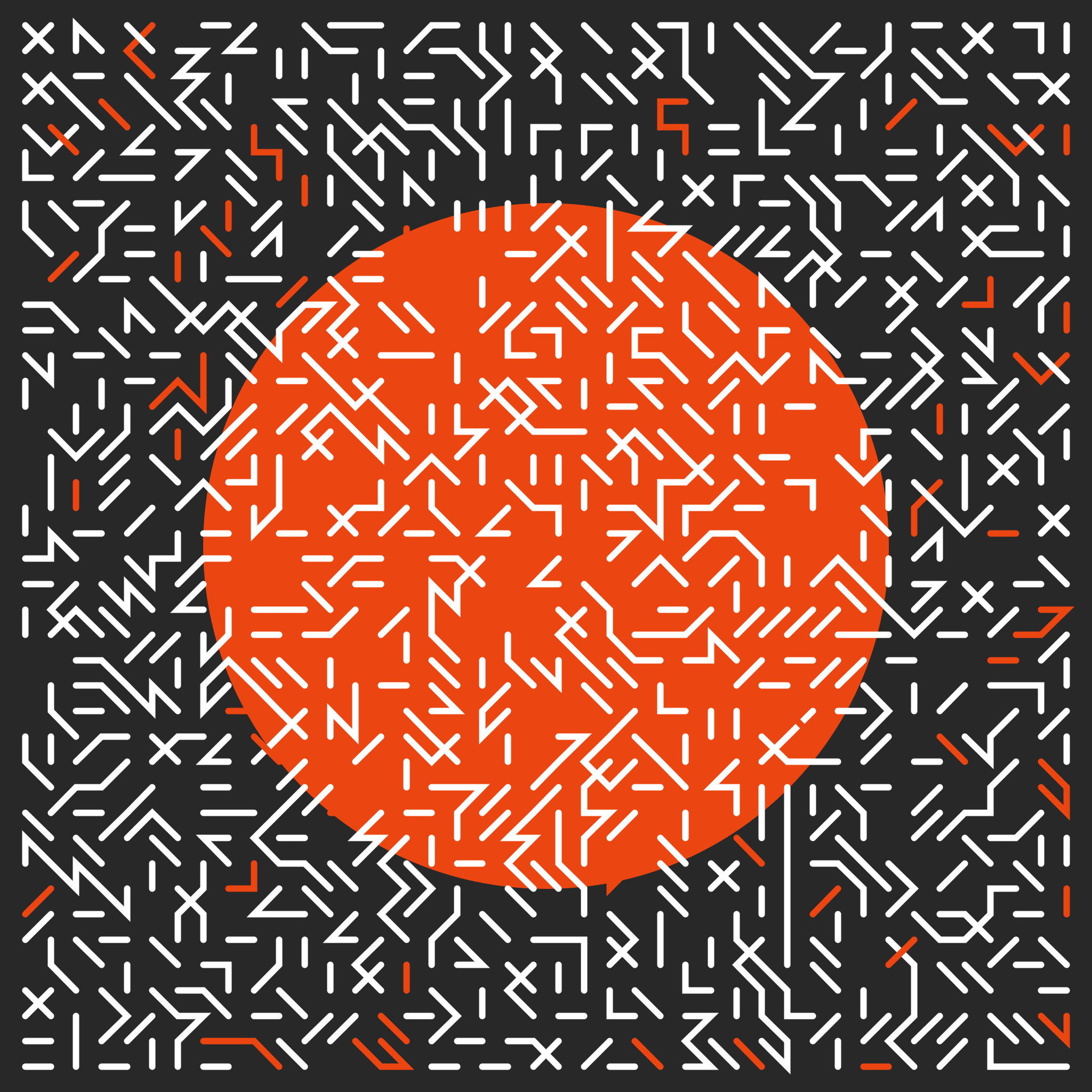 A dense grid of short, interconnected white and red lines over a black background with a centered red circle.