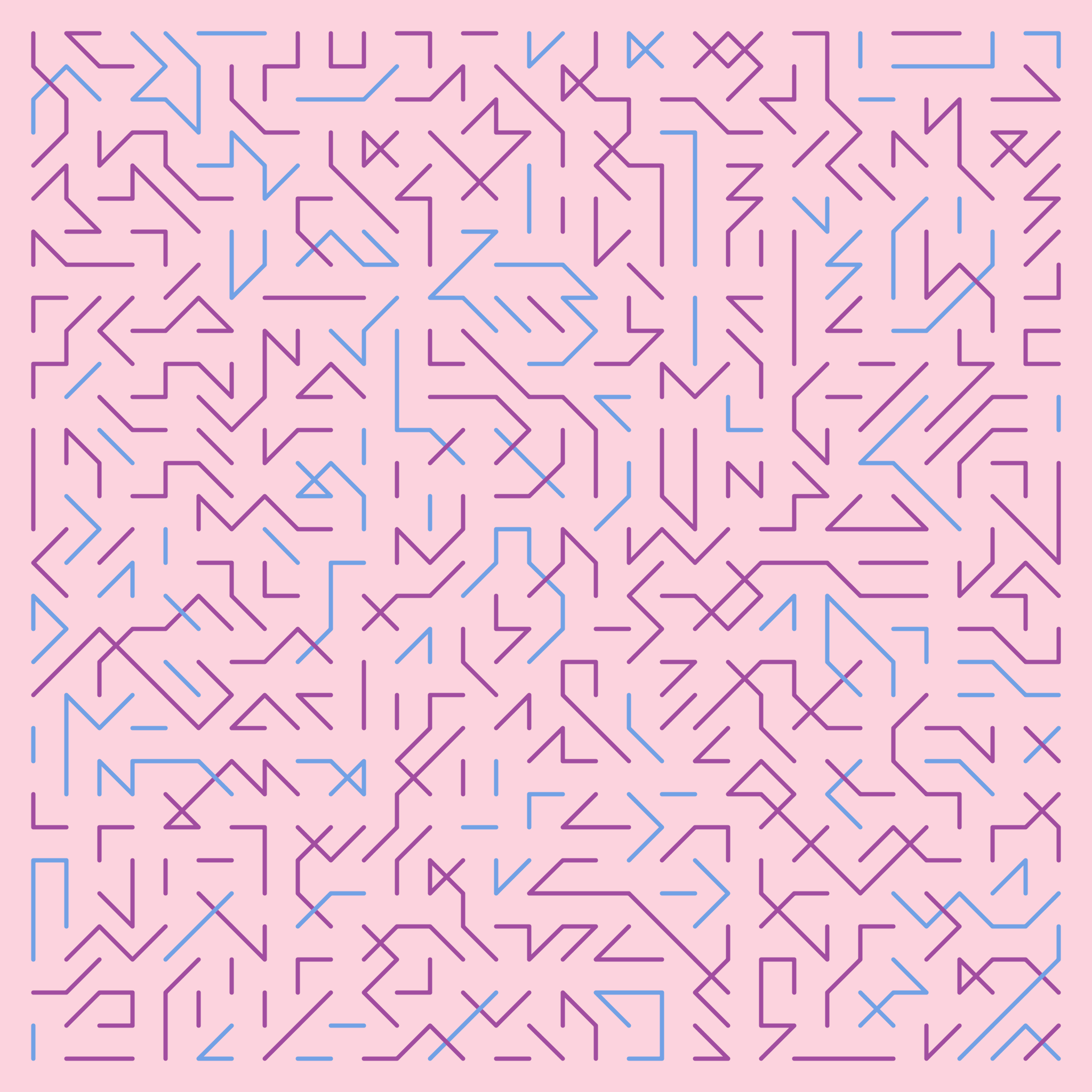 A dense grid of short, interconnected purple and blue lines over a pink background.