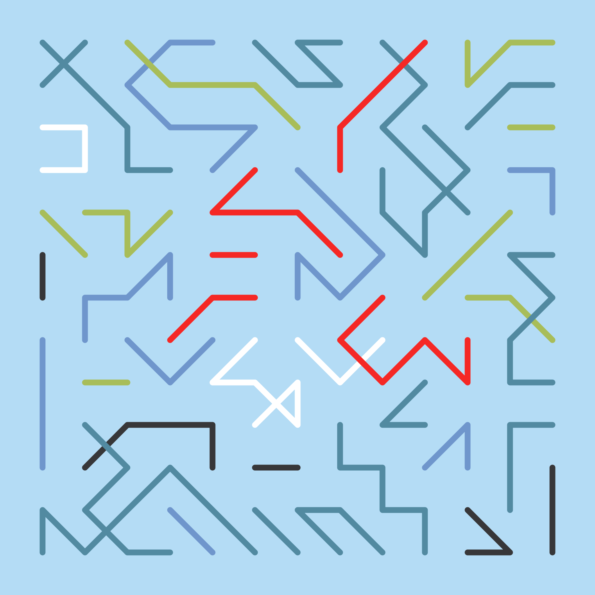 Thin red, white, green, black and blue lines on a grid on top of a light blue background.