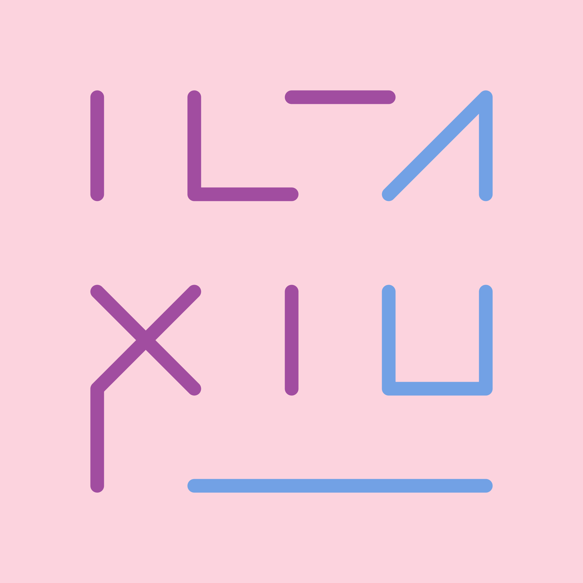 Short purple and blue lines connected at 45 and 90 degrees on a small, 5 by 5 grid.