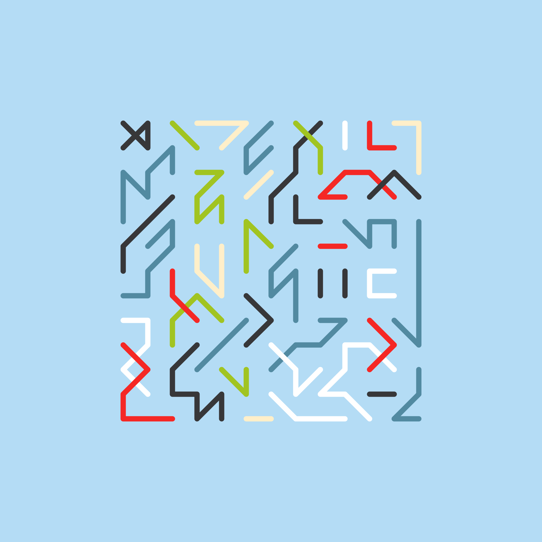 Red, white, green, black and blue lines on a grid on top of a light blue background and inset from the edges.