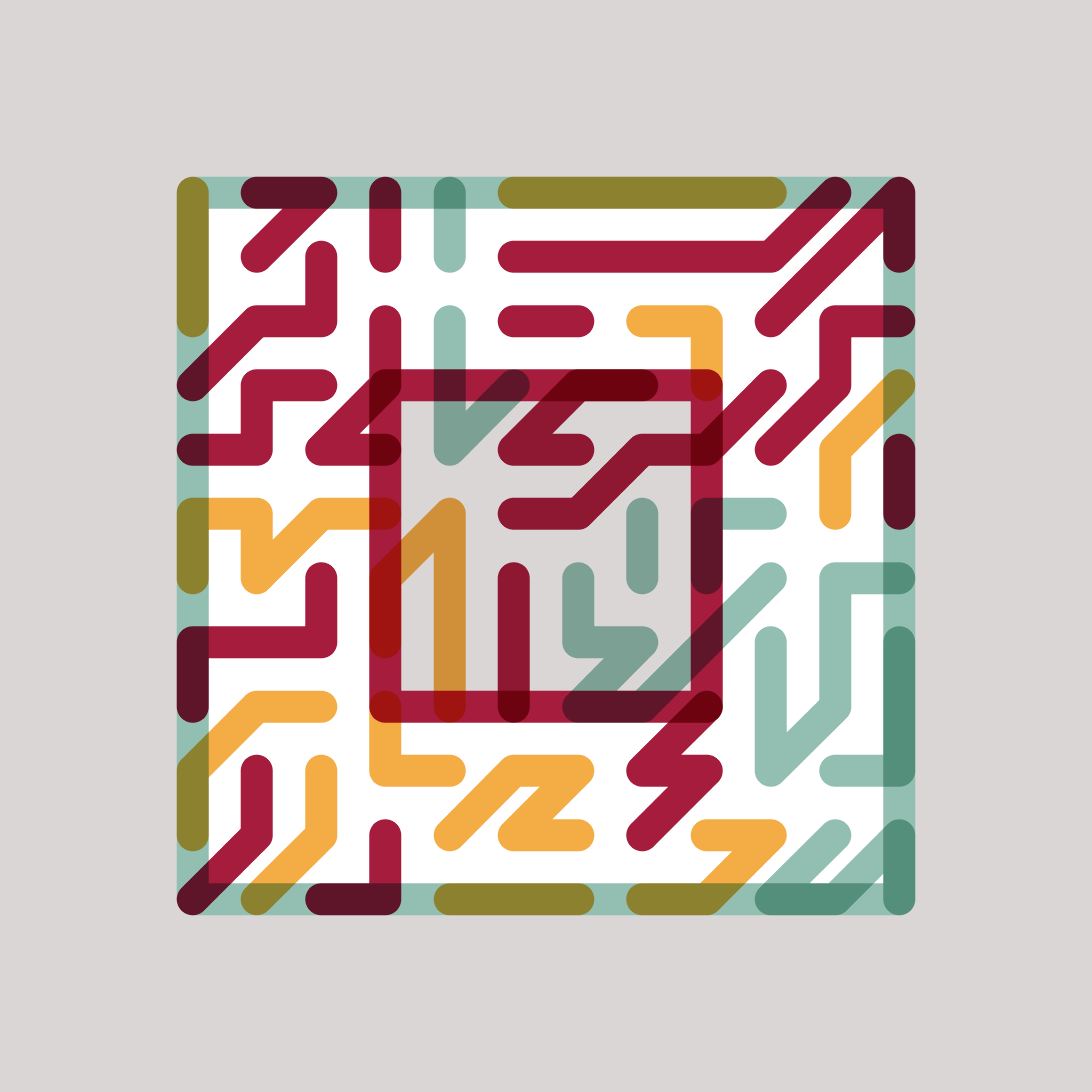 A white square with a square-shaped hole is covered with zigzagging reg, yellow and mint green lines.