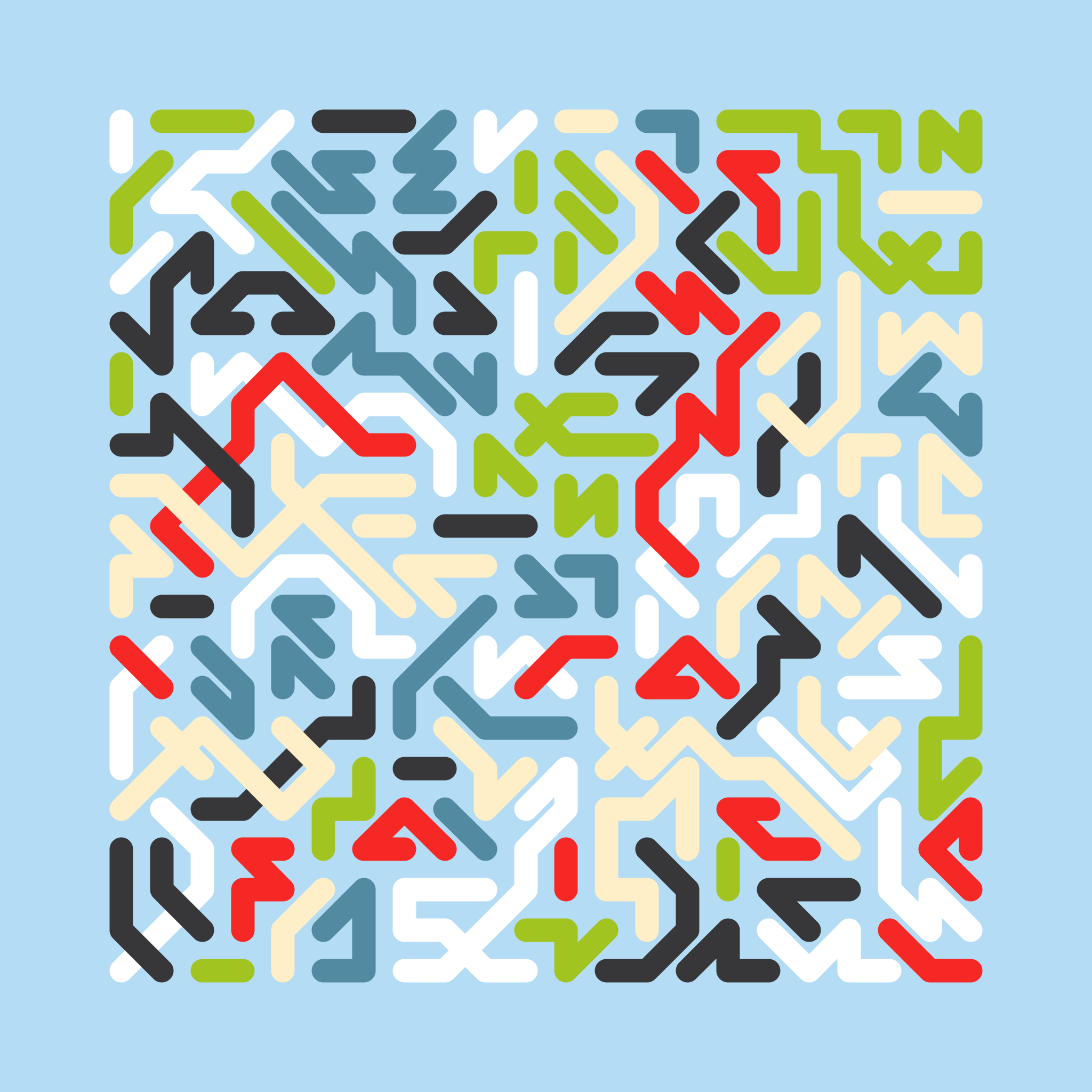Thick red, white, green, black and blue lines on a grid on top of a light blue background.
