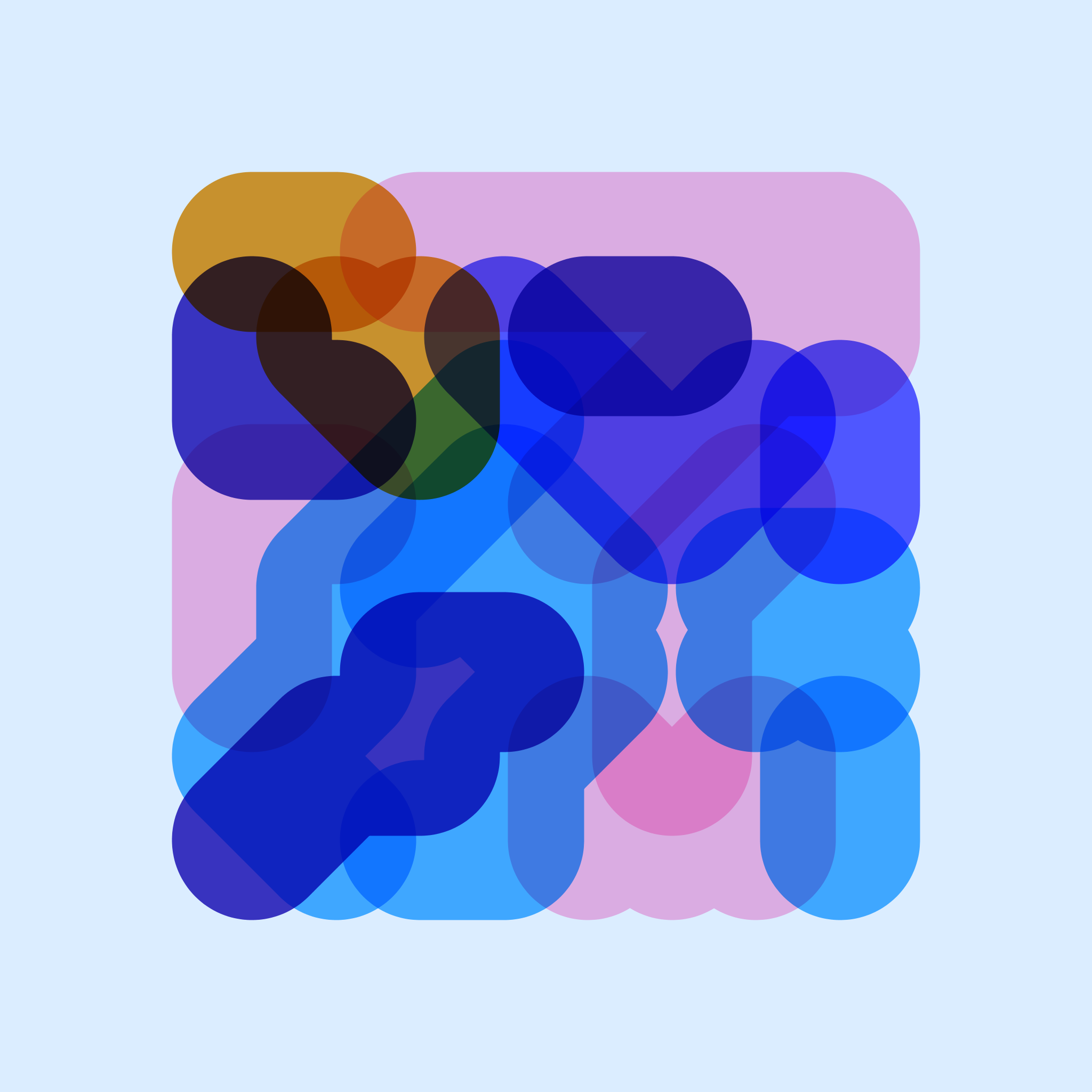 A grid of thick, puffy, transparent and overlapping lines in pink, blue and orange.