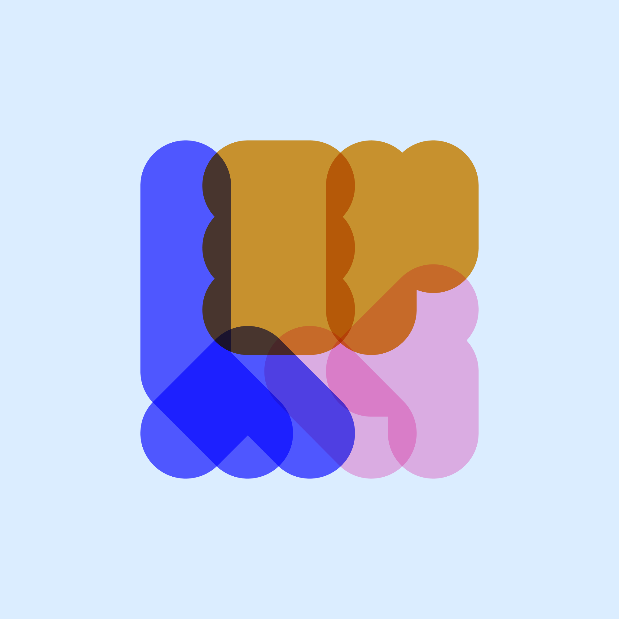 Thick, pillowy shapes in blue, pink and orange slightly overlapping in a small grid inset from the edge.
