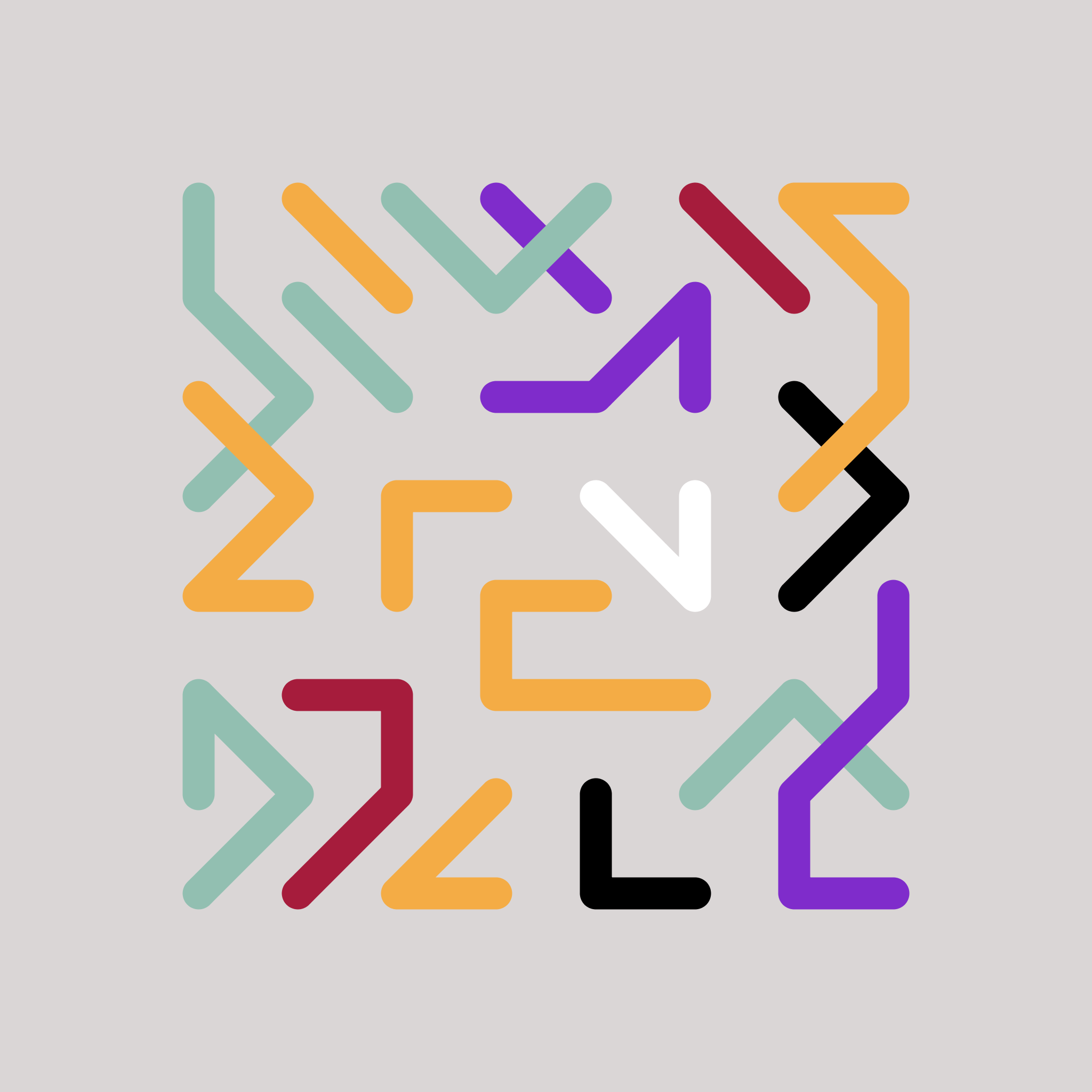 Red, mint green, red, black, purple and white lines connected in a grid over grey.