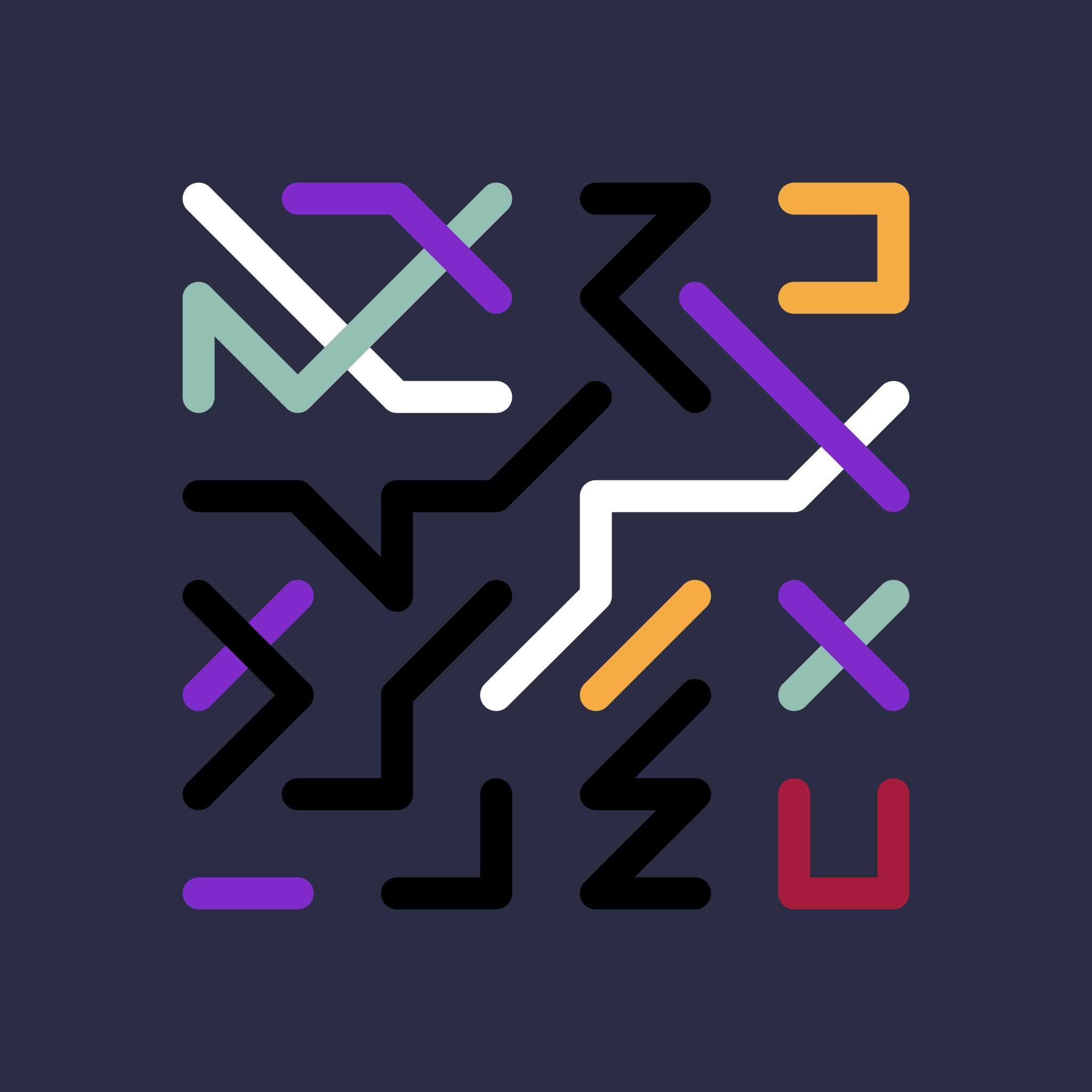 Red, mint green, red, black, purple and white lines connected in a grid over dark grey.