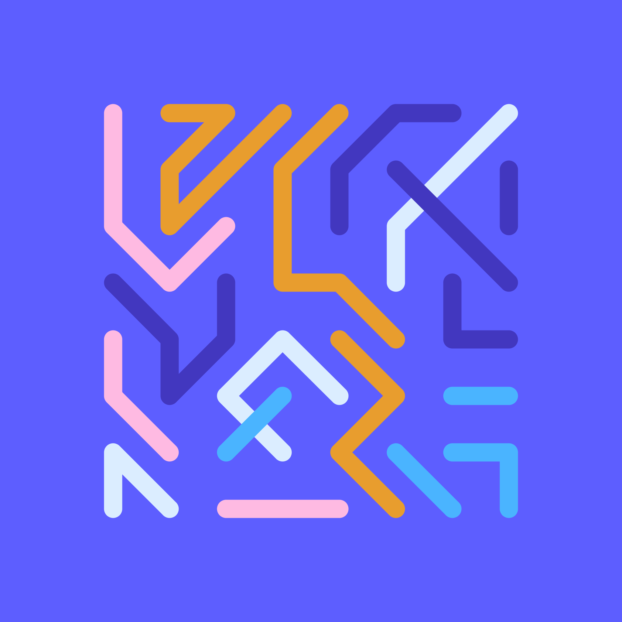 Orange, pink, and multiple shades of blue lines connected in a grid over a blue background.