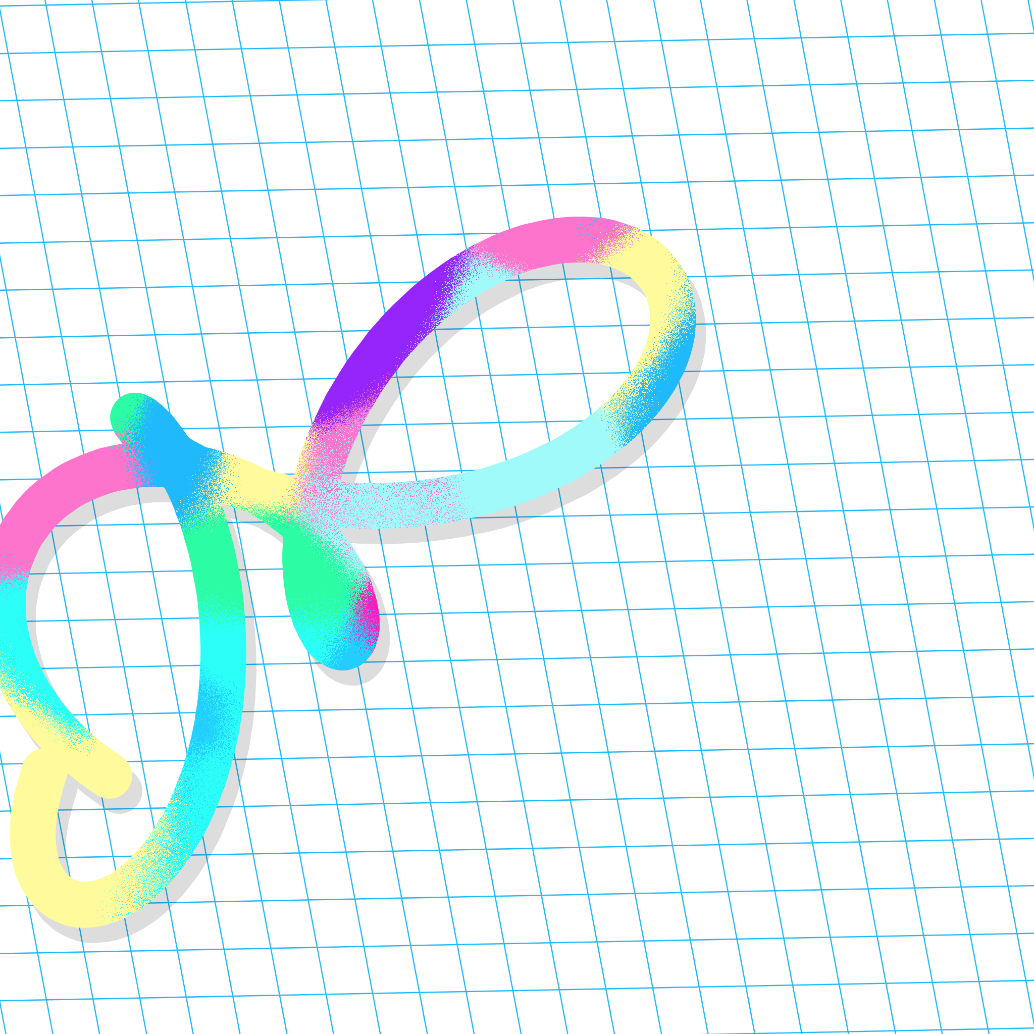 A squiggly line filled with rainbow swatches over a blue-lined grid.