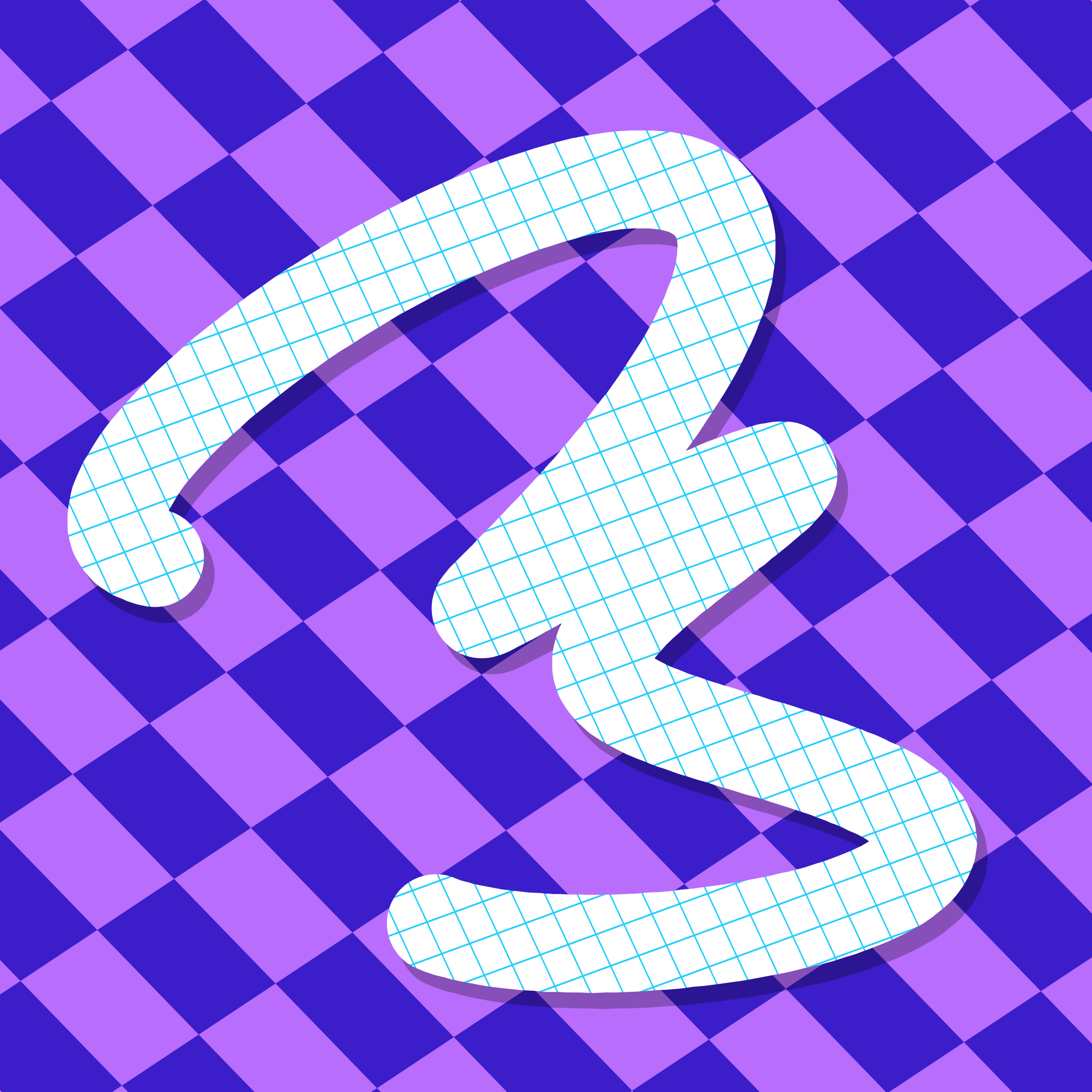A squiggly line filled with a blue-lined grid over a slanted purple checkerboard.