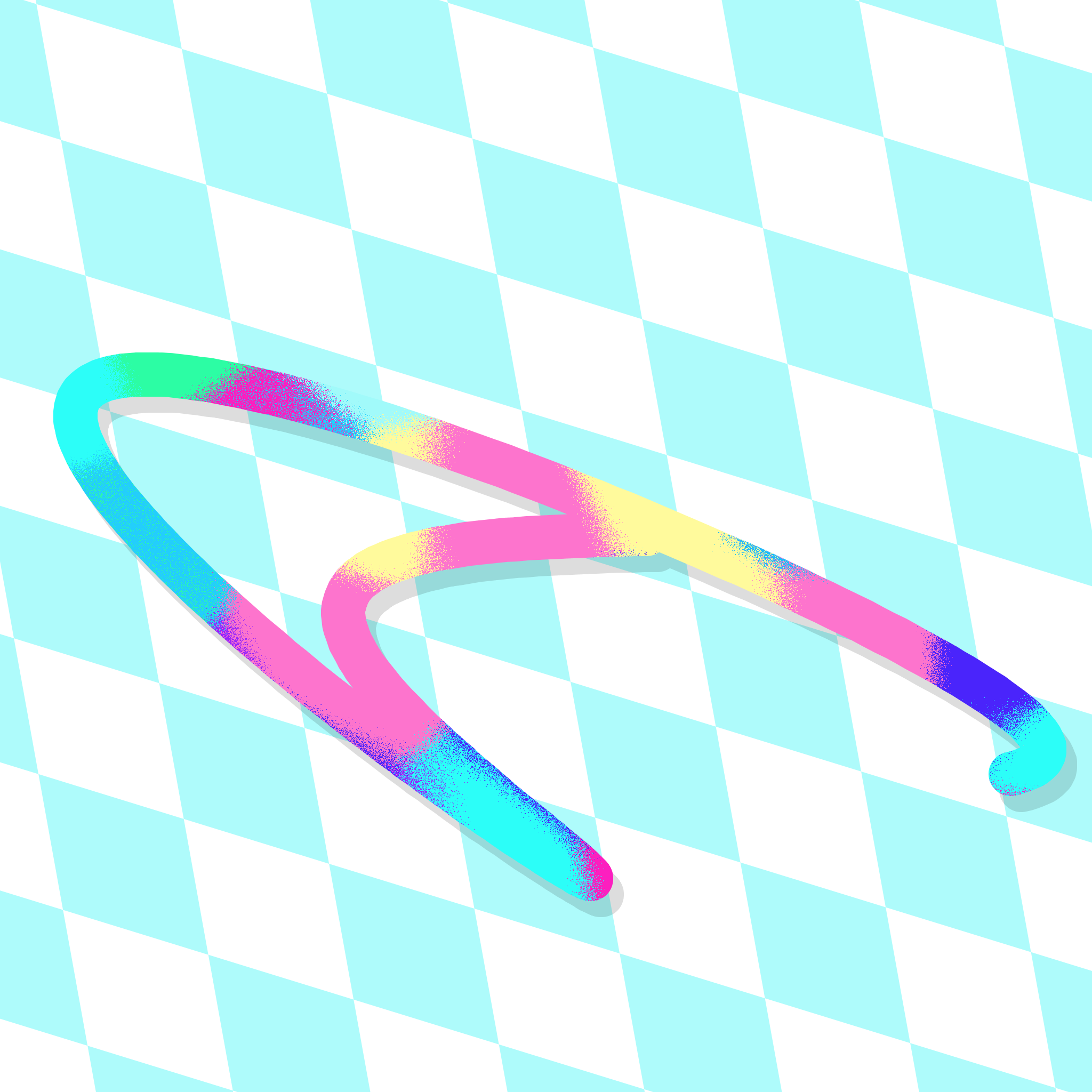 A squiggly line filled with rainbow swatches over a slanted blue and white checkerboard.