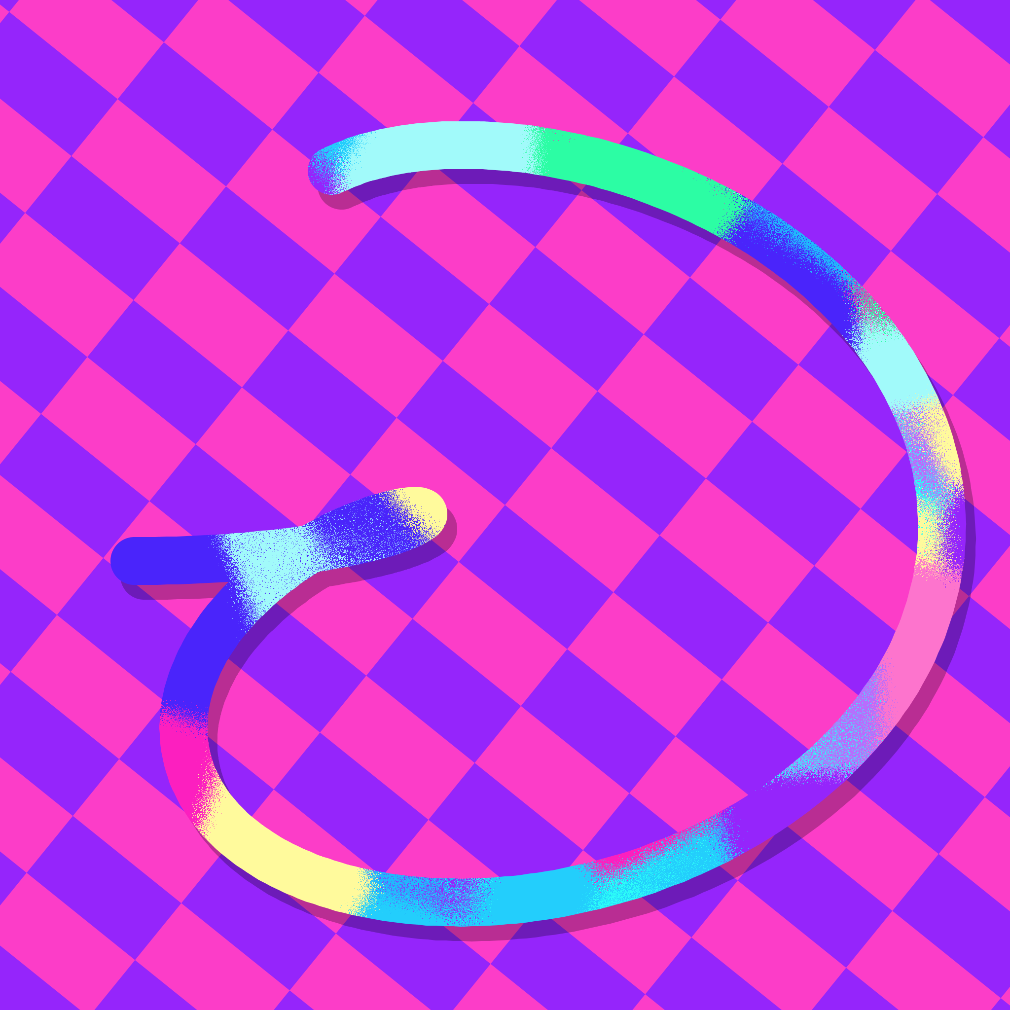 A squiggly line filled with rainbow swatches over a slanted pink and purple checkerboard.