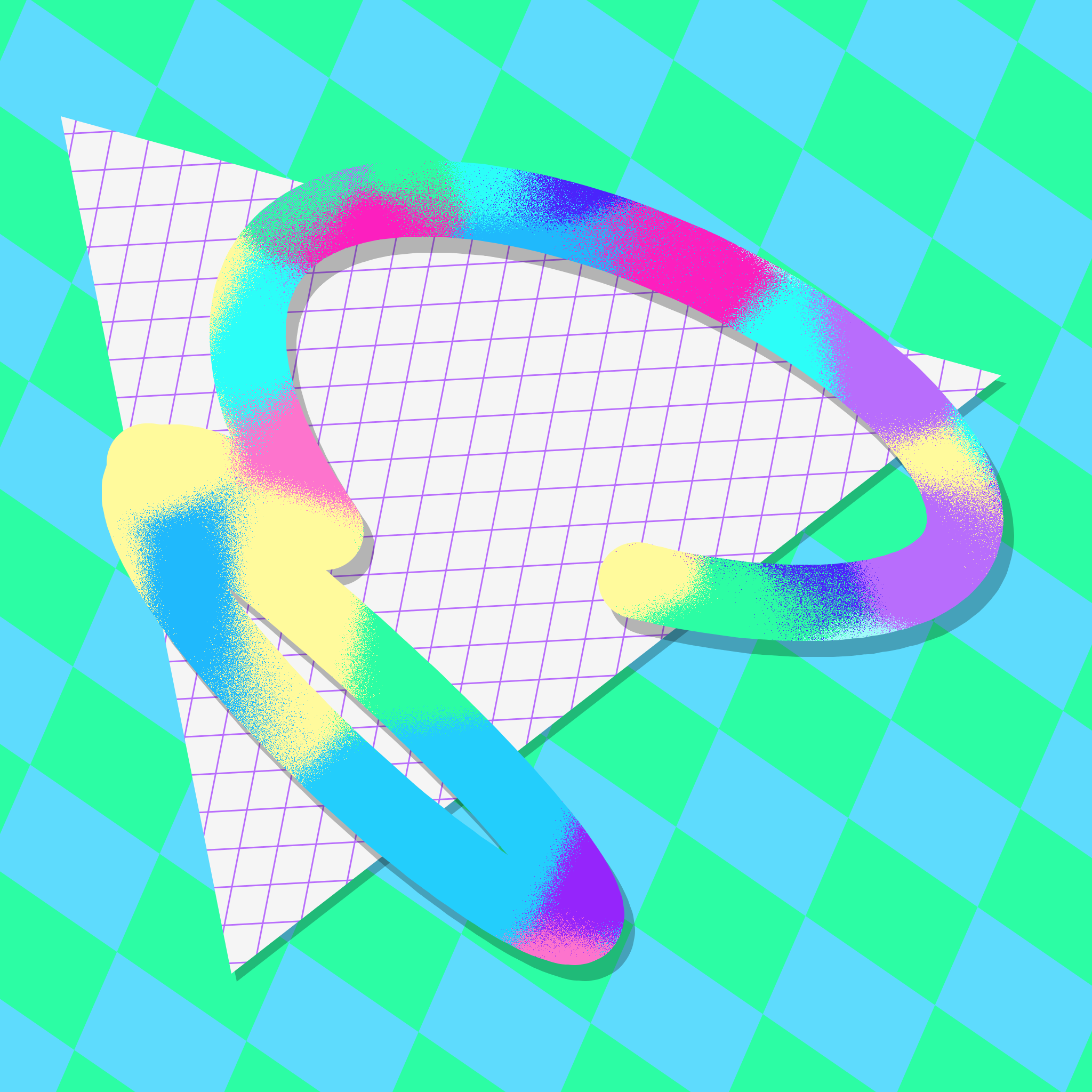 A squiggly line filled with rainbow swatches over a white triangle with slanted pink gridlines and a green and blue checkerboard pattern.