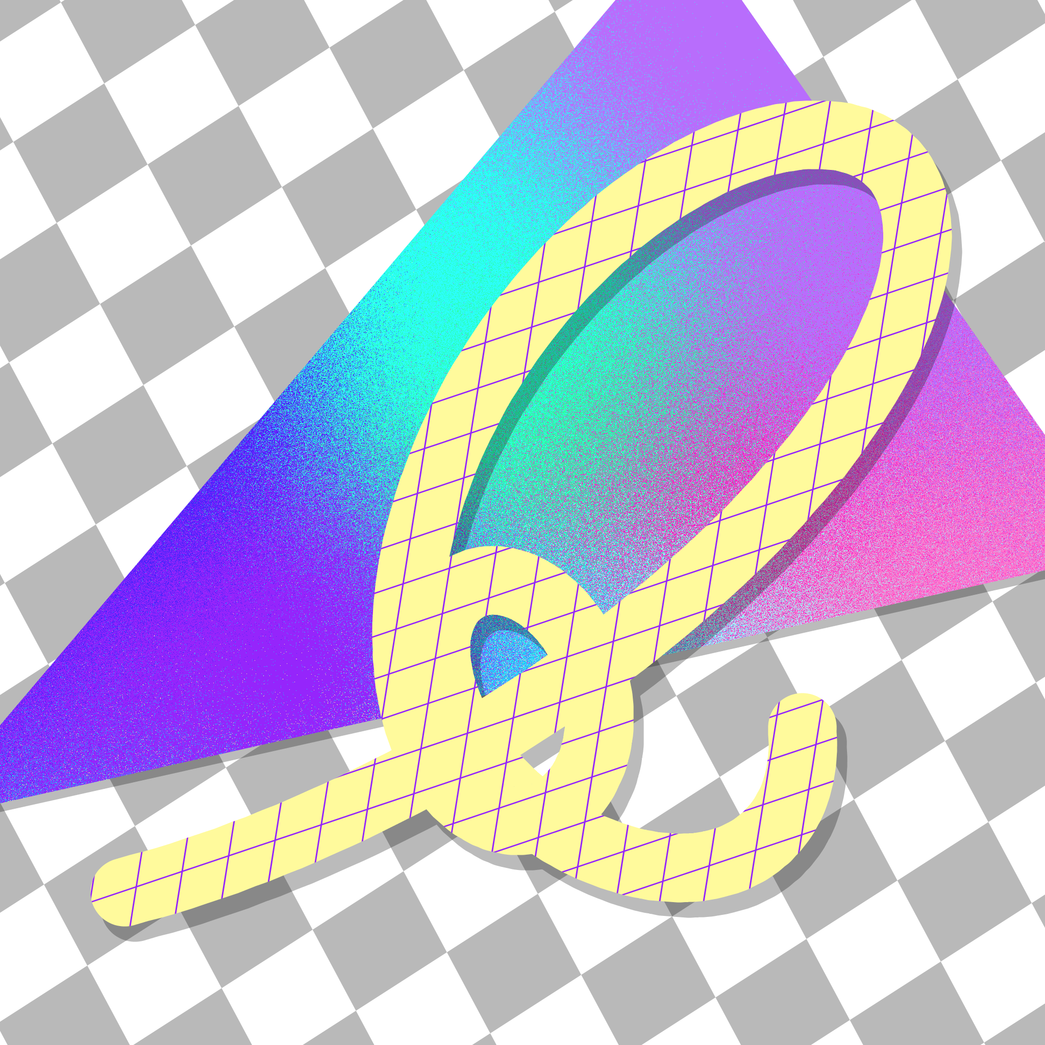 A squiggly line filled with yellow and slanted purple gridlines over a rainbow triangle and a grey and white checkerboard pattern.