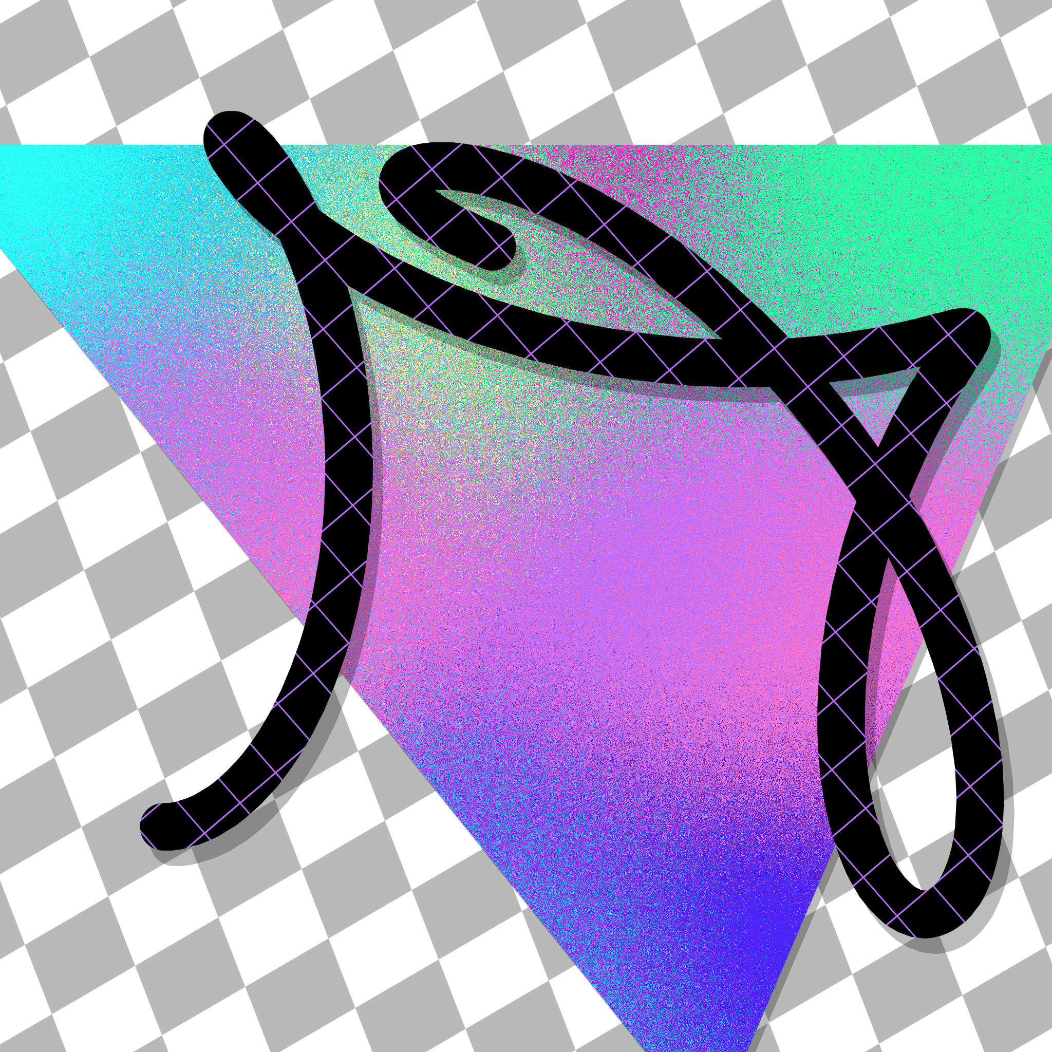 A squiggly line filled with black and slanted purple gridlines over a rainbow triangle and a grey and white checkerboard pattern.