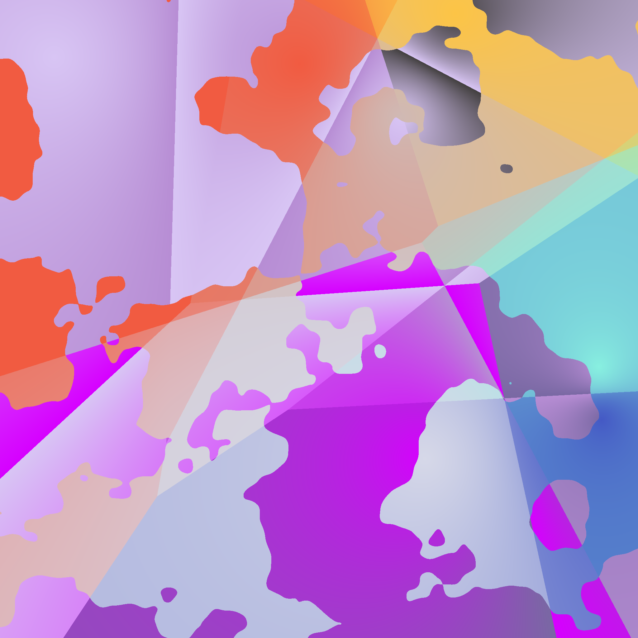 Angular, overlapping shapes of purple overlapped with splotches of orange and blue-green