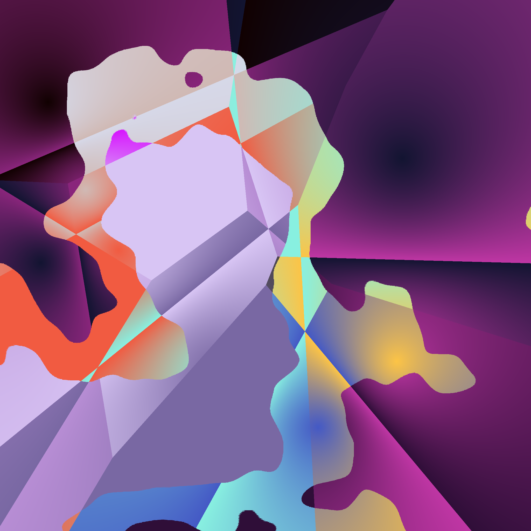 Angular, overlapping shapes of purple overlapped with multiple levels of splotches featuring orange and blue-green in one layer and deep purple in another