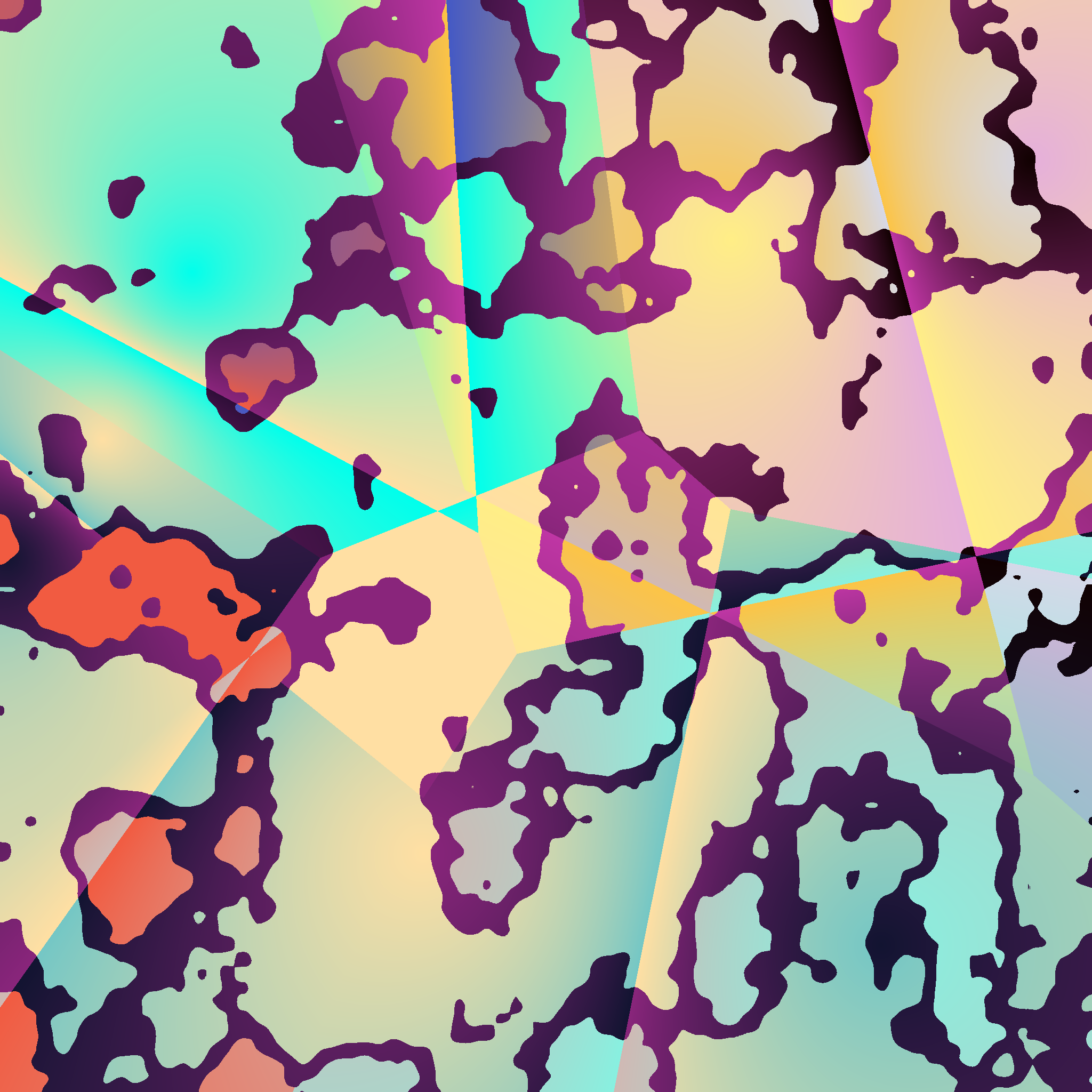 Angular, overlapping shapes of orange and teal overlapped with multiple levels of splotches featuring deep purple in one layer and orange in another.