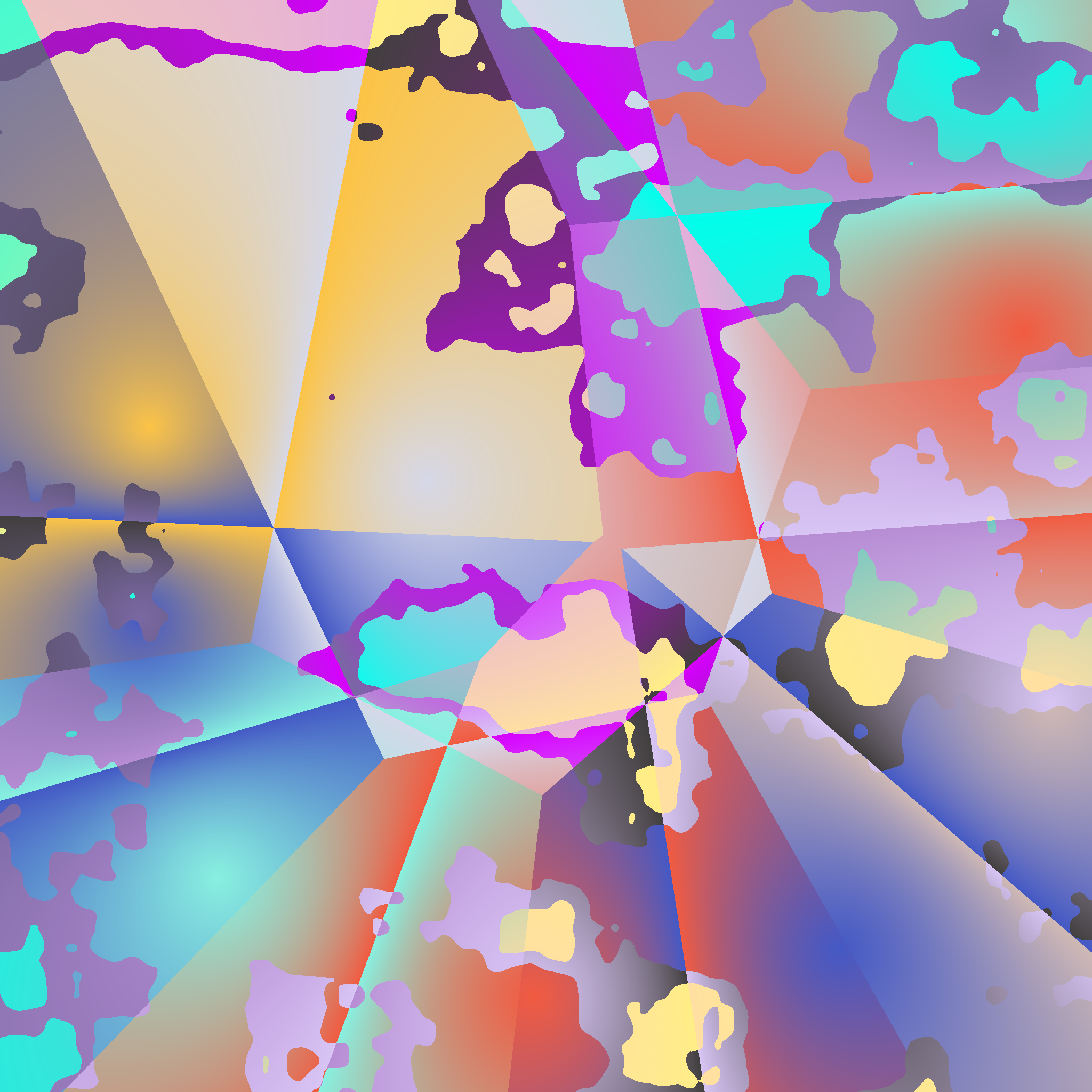 Layers of angular, crystal-like patterns with splotchy cutouts revealing different layers of color, using blues, yellow, purples and oranges.