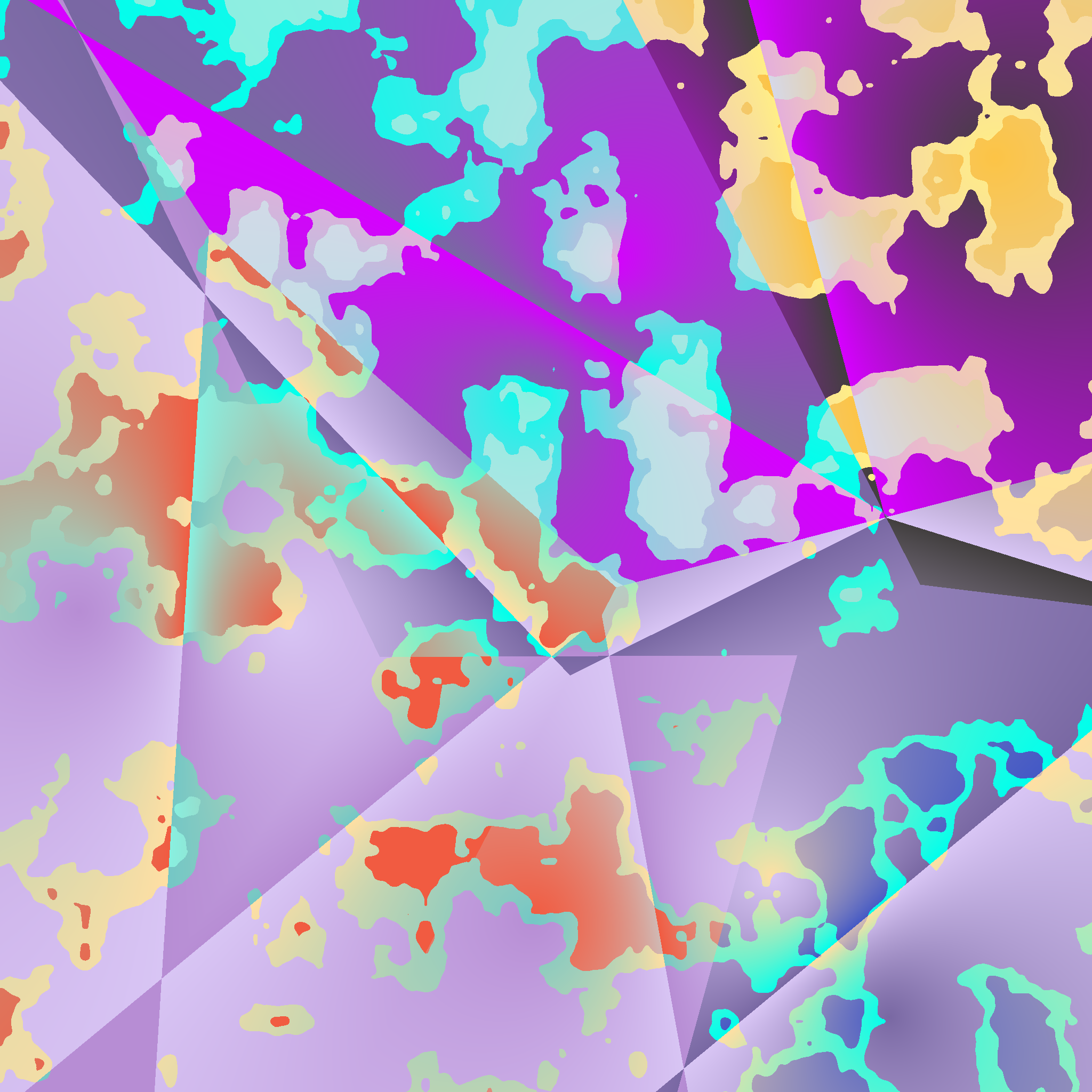 Layers of angular, crystal-like patterns with splotchy cutouts revealing different layers purple, teal and yellow, and orange.