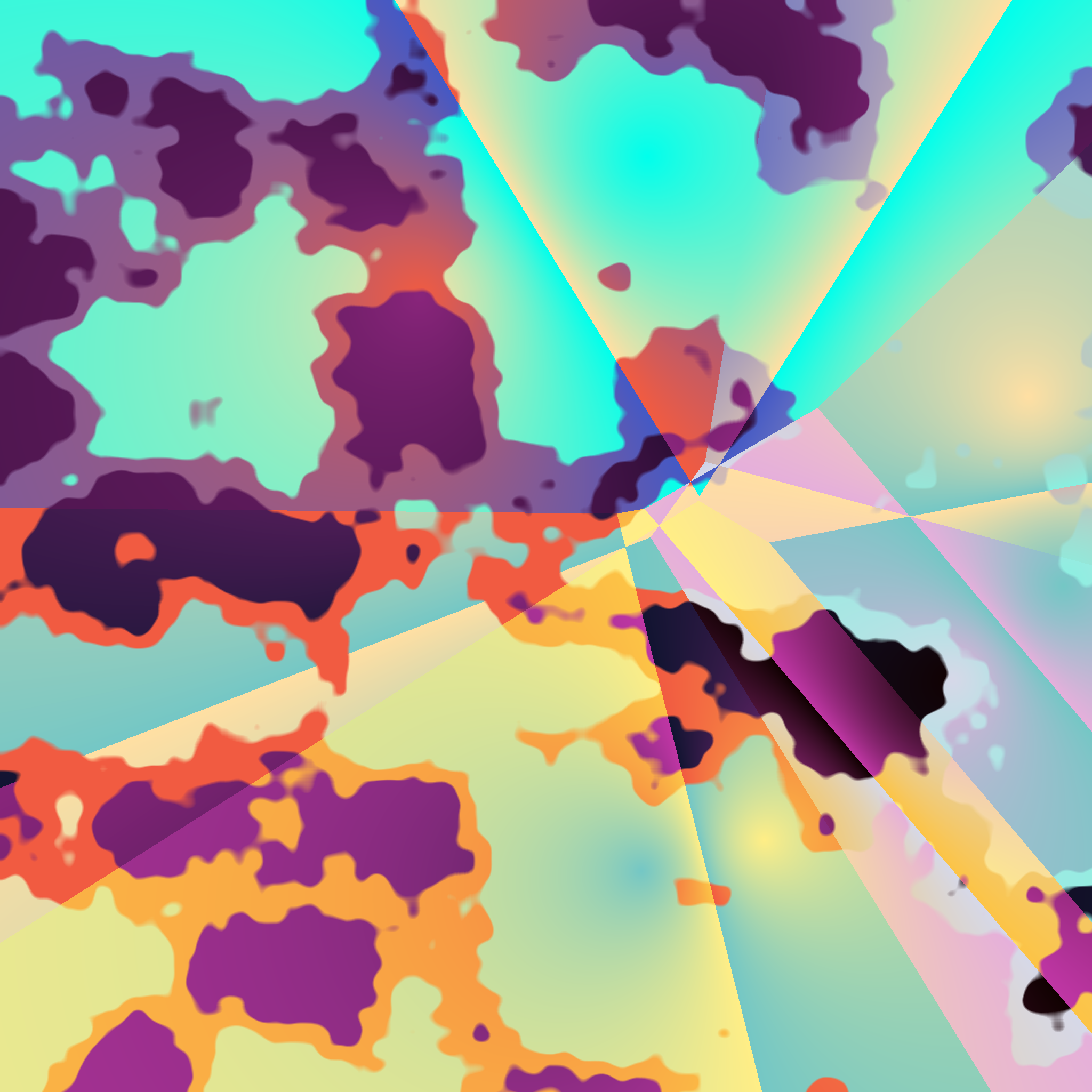 Layers of angular, crystal-like patterns with splotchy cutouts revealing different layers of color, with pink, teal and yellow at the base, then orange and blue, and finally dark purple.
