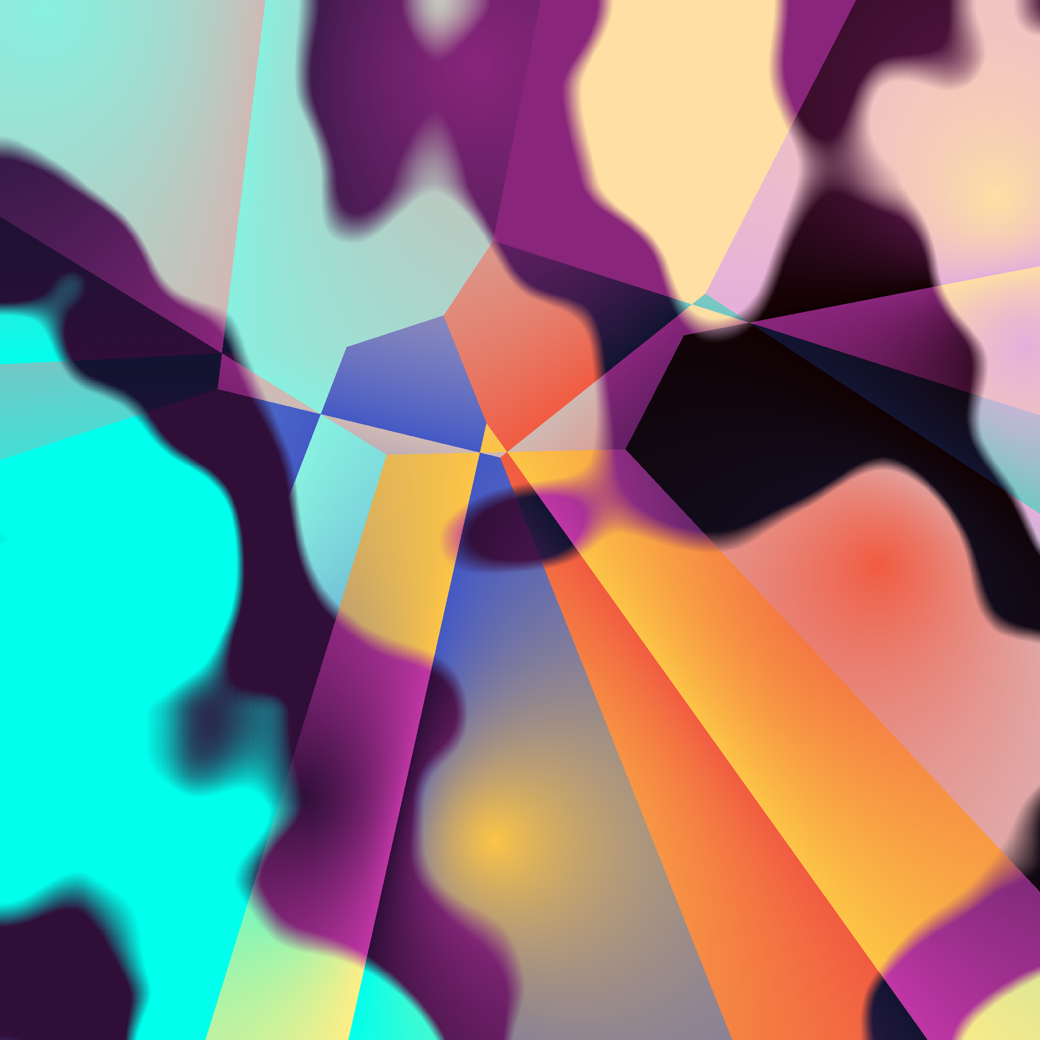 A crystal-like pattern of blue, orange, yellow and teal, with cloudy overlays revealing dark purples.