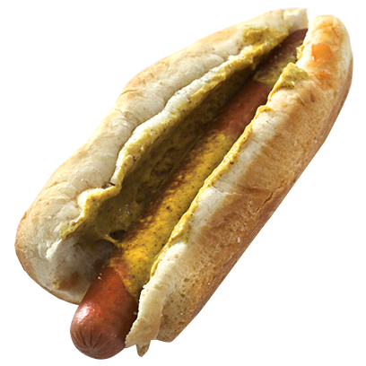 Messy hotdog with watery mustard.