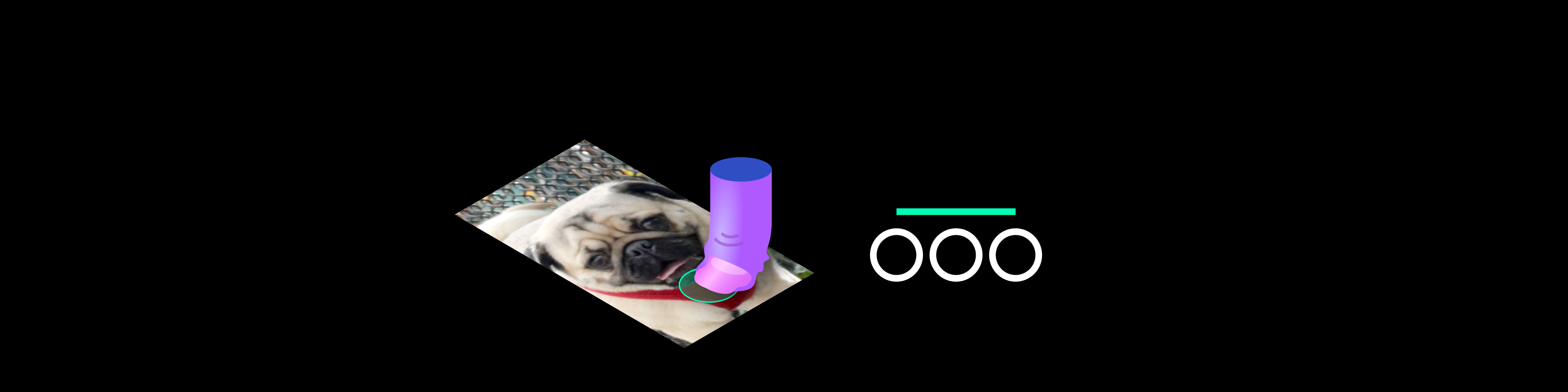 An illustrated purple finger presses firmly on the OOO interface, which features a pug, with the app logo to the right.