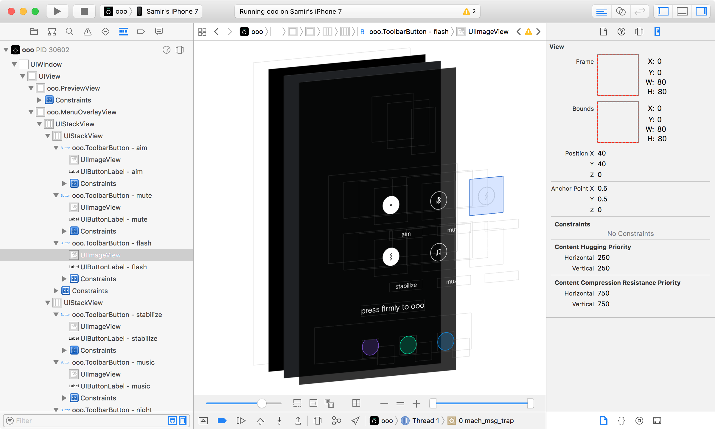A 3-panel view in Xcode showing an inspector, view hierarchy tree, and an exploded view of OOOs settings screen.