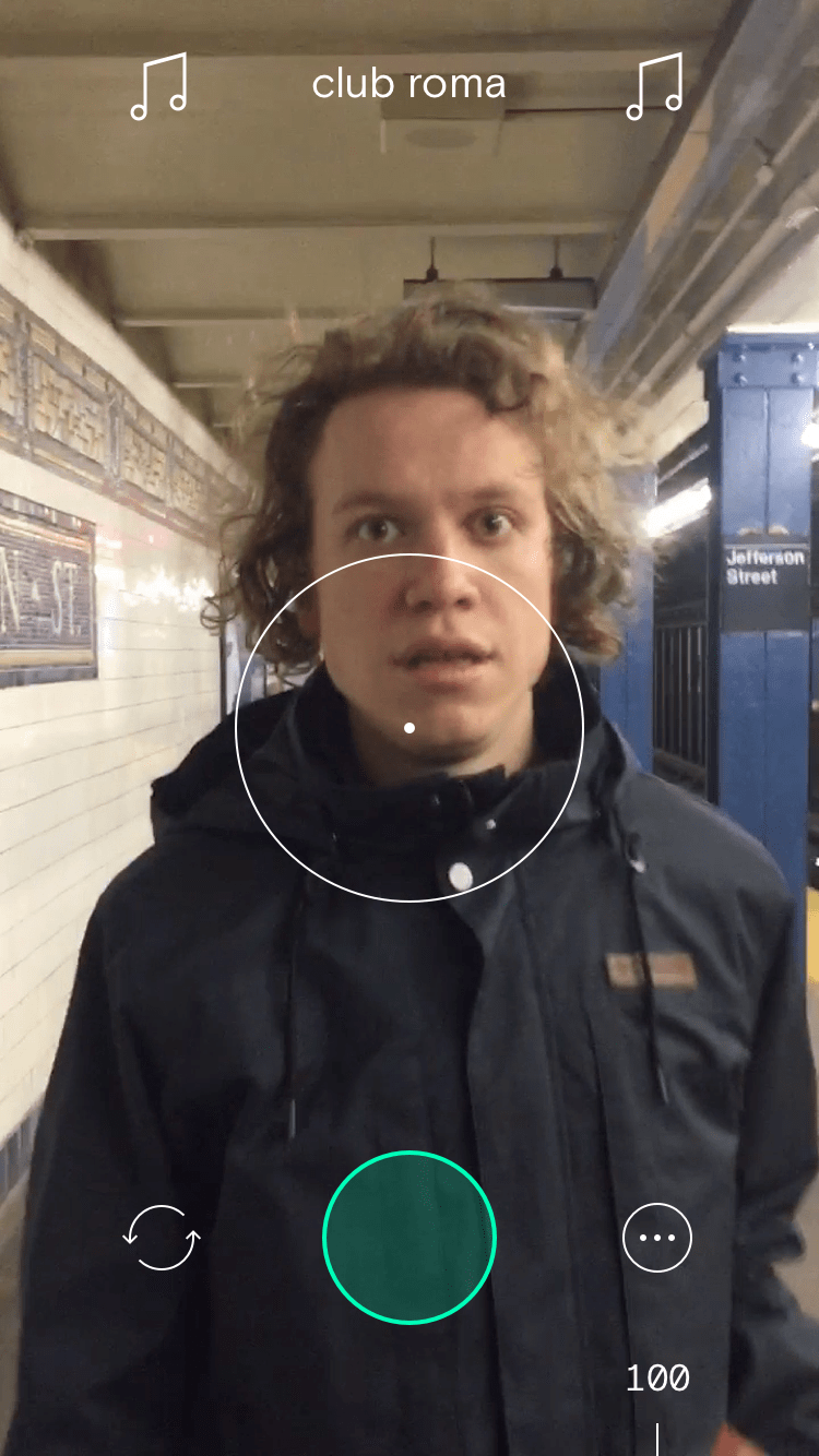 Recording interface focusing on a man in the NYC subway with the song "club roma" at the top.