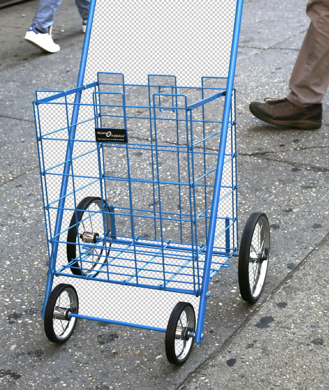 A progress picture of manually cutting out all of the spaces between bars of a fold-up shopping cart.